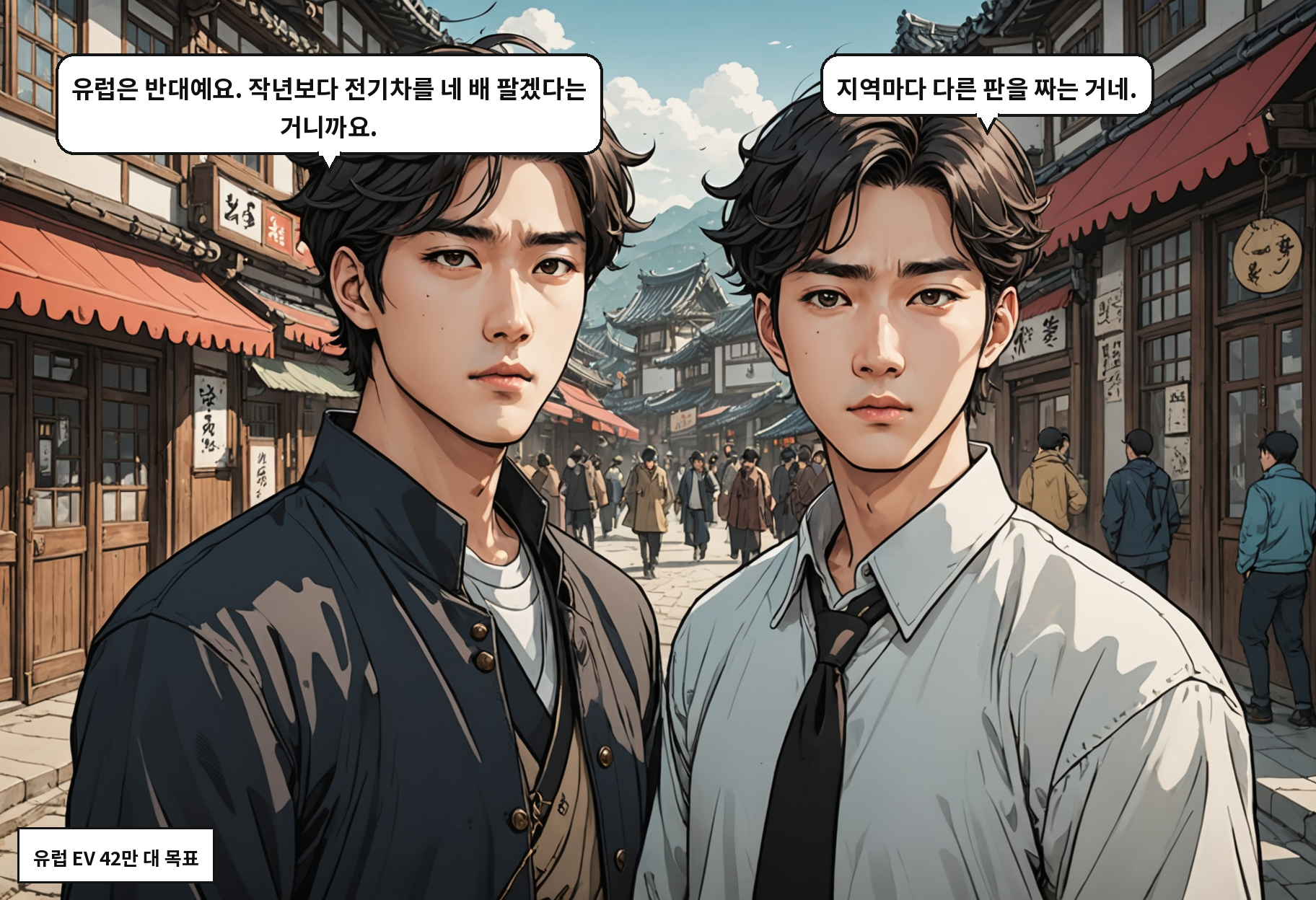 A: 유럽은 반대예요. 작년보다 전기차를 네 배 팔겠다는 거니까요. B: 지역마다 다른 판을 짜는 거네.