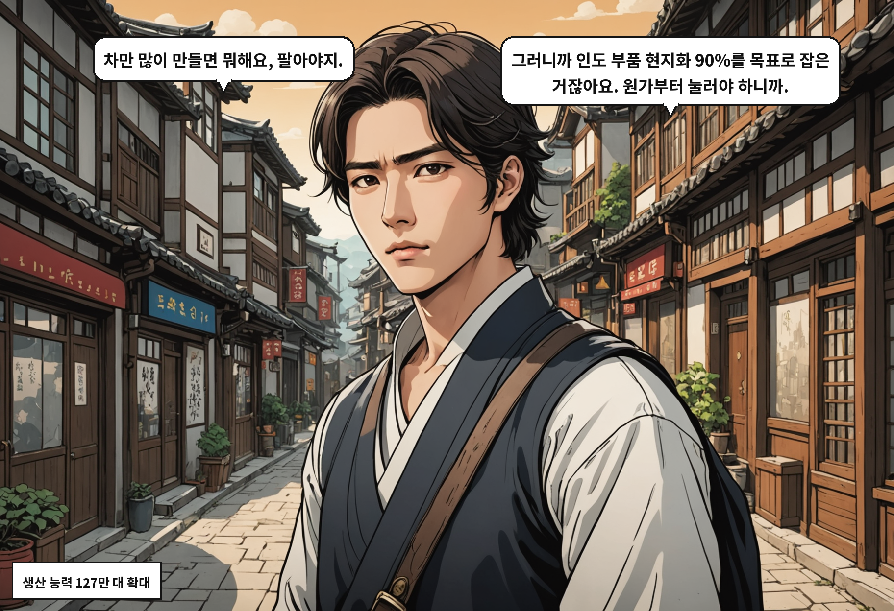 B: 차만 많이 만들면 뭐해요, 팔아야지. A: 그러니까 인도 부품 현지화 90%를 목표로 잡은 거잖아요. 원가부터 눌러야 하니까.
