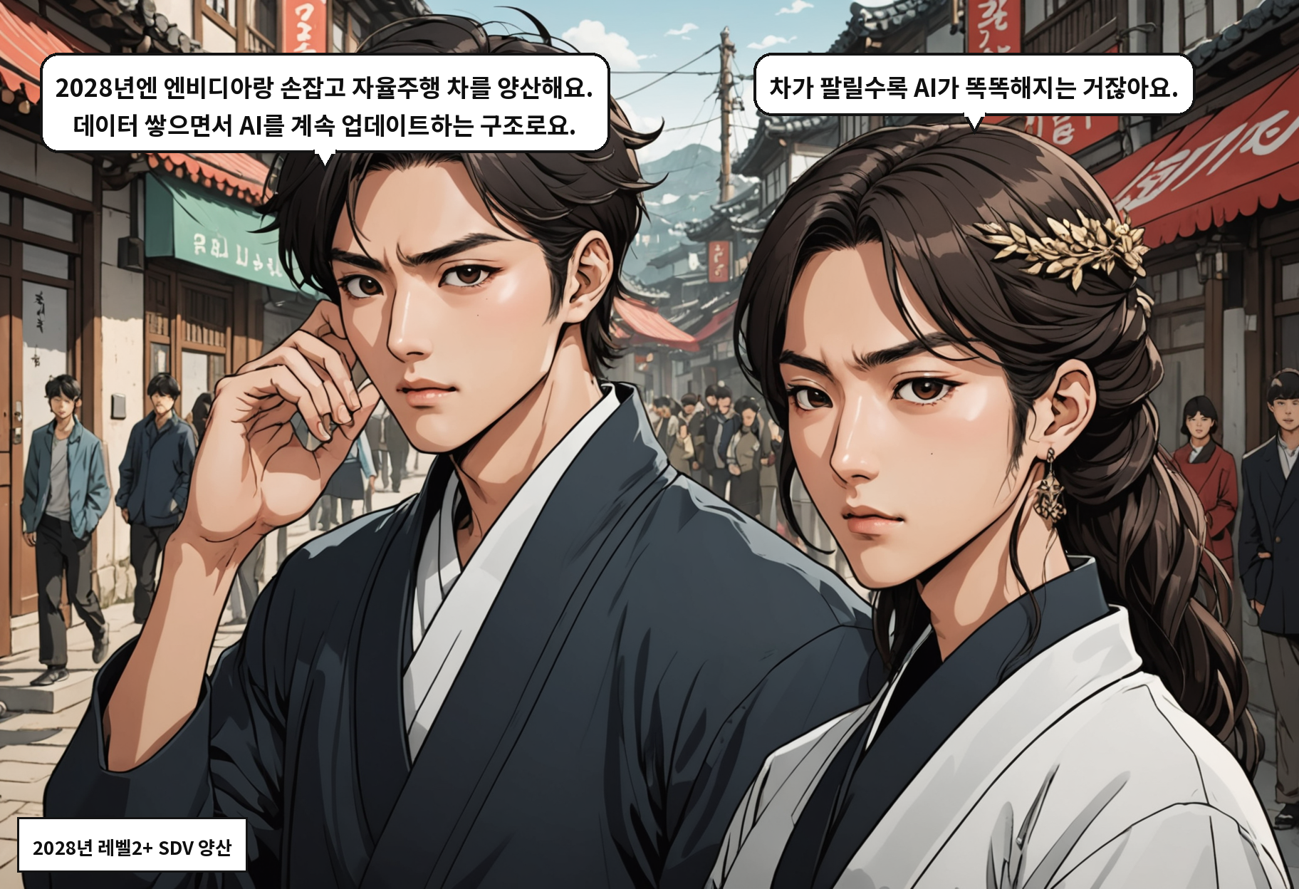 A: 2028년엔 엔비디아랑 손잡고 자율주행 차를 양산해요. 데이터 쌓으면서 AI를 계속 업데이트하는 구조로요. B: 차가 팔릴수록 AI가 똑똑해지는 거잖아요.