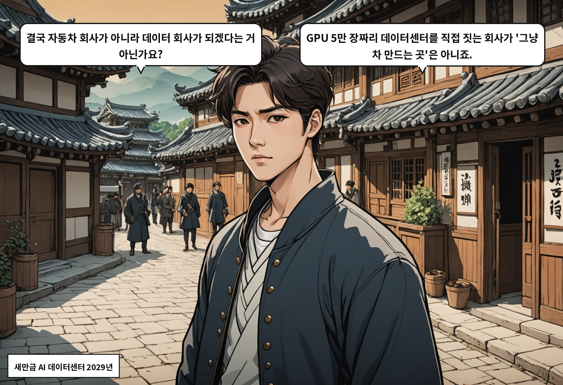 B: 결국 자동차 회사가 아니라 데이터 회사가 되겠다는 거 아닌가요? A: GPU 5만 장짜리 데이터센터를 직접 짓는 회사가 '그냥 차 만드는 곳'은 아니죠.