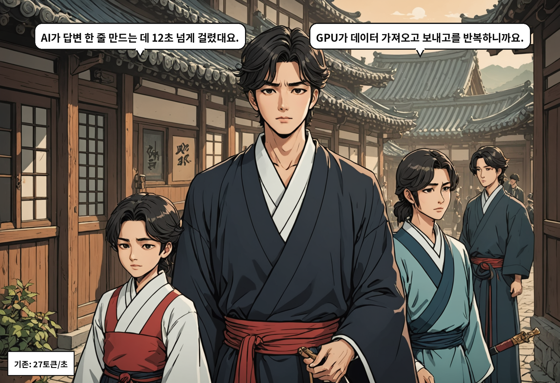 A: AI가 답변 한 줄 만드는 데 12초 넘게 걸렸대요. B: GPU가 데이터 가져오고 보내고를 반복하니까요.