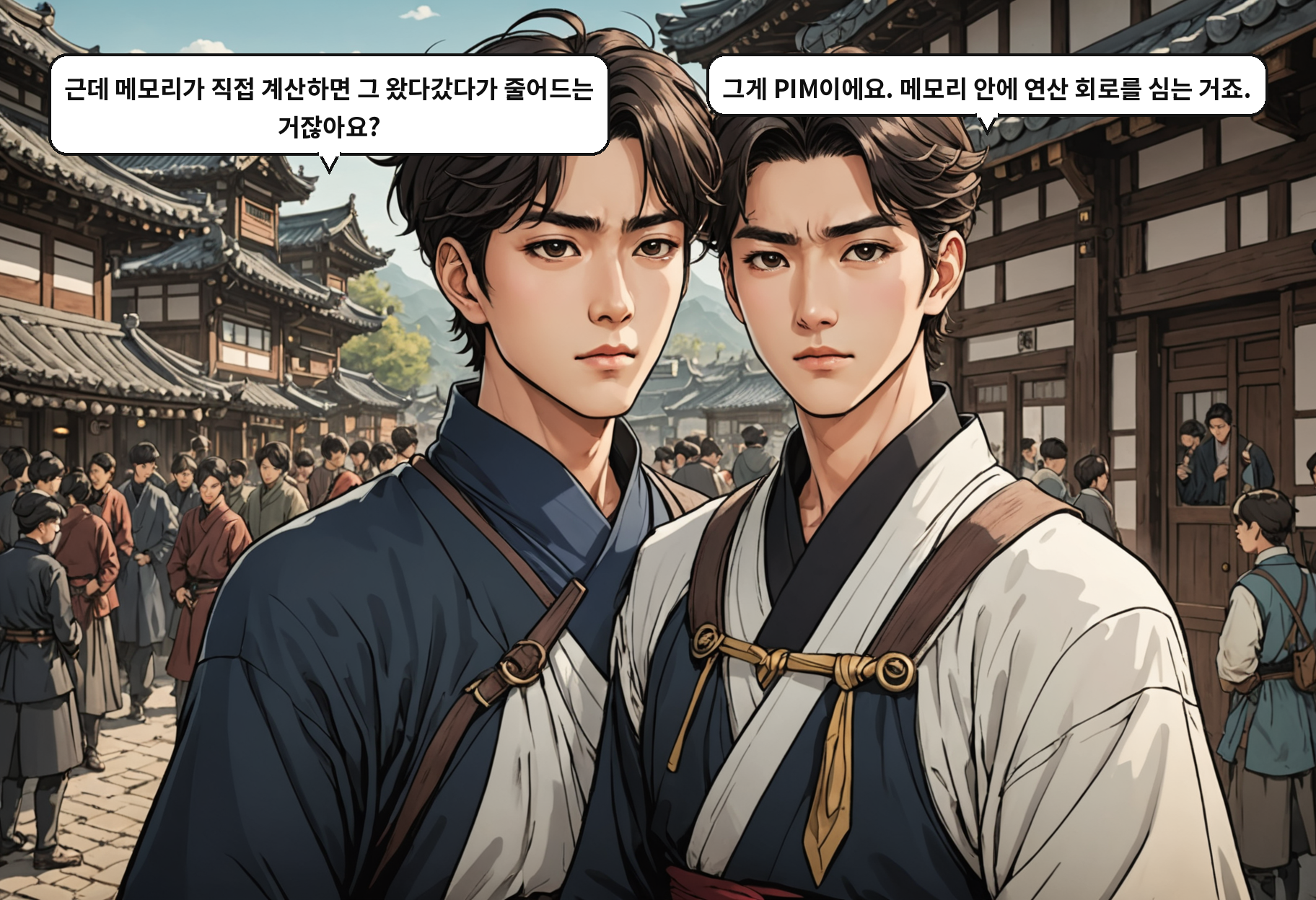 A: 근데 메모리가 직접 계산하면 그 왔다갔다가 줄어드는 거잖아요? B: 그게 PIM이에요. 메모리 안에 연산 회로를 심는 거죠.
