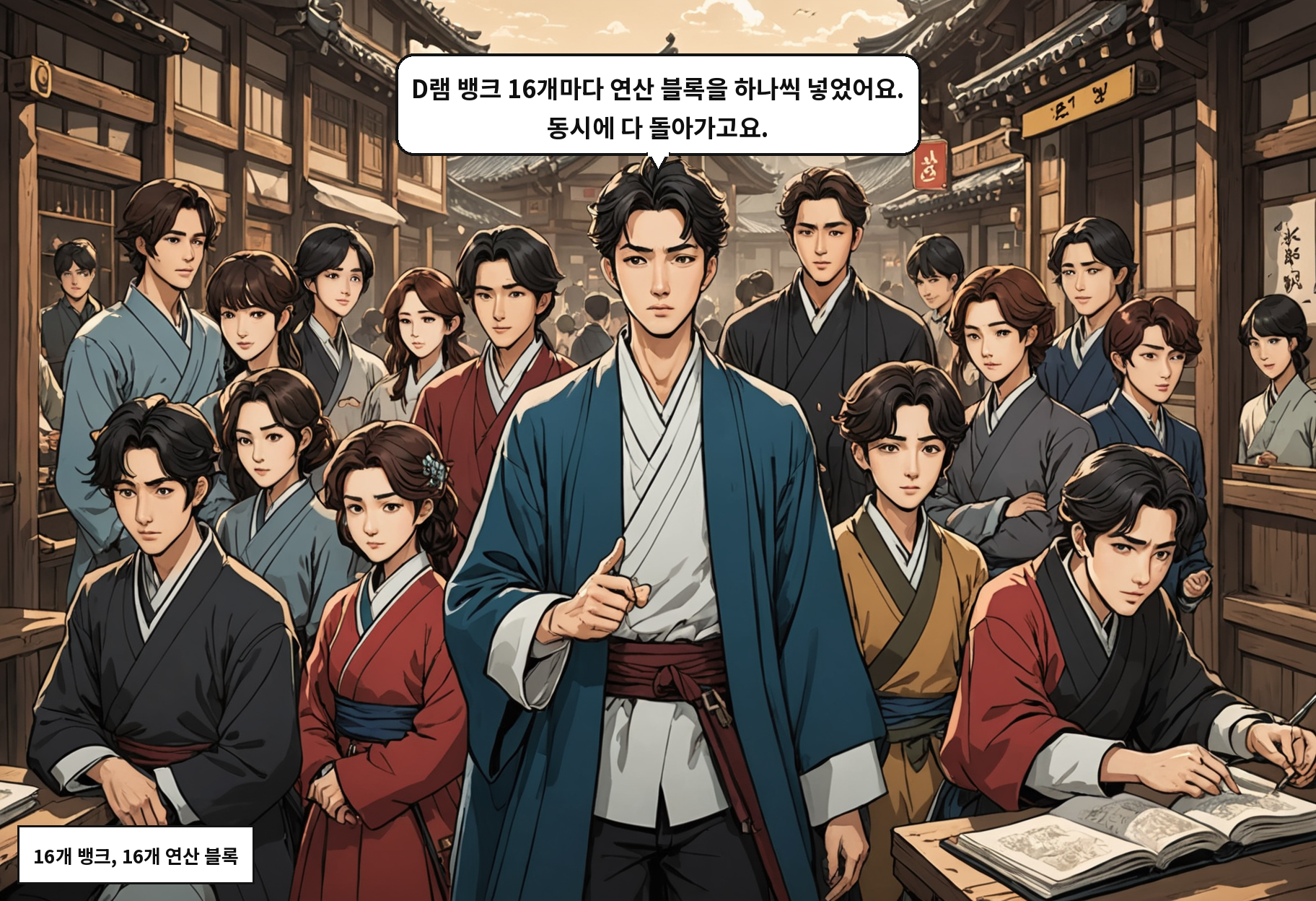 B: D램 뱅크 16개마다 연산 블록을 하나씩 넣었어요. 동시에 다 돌아가고요.