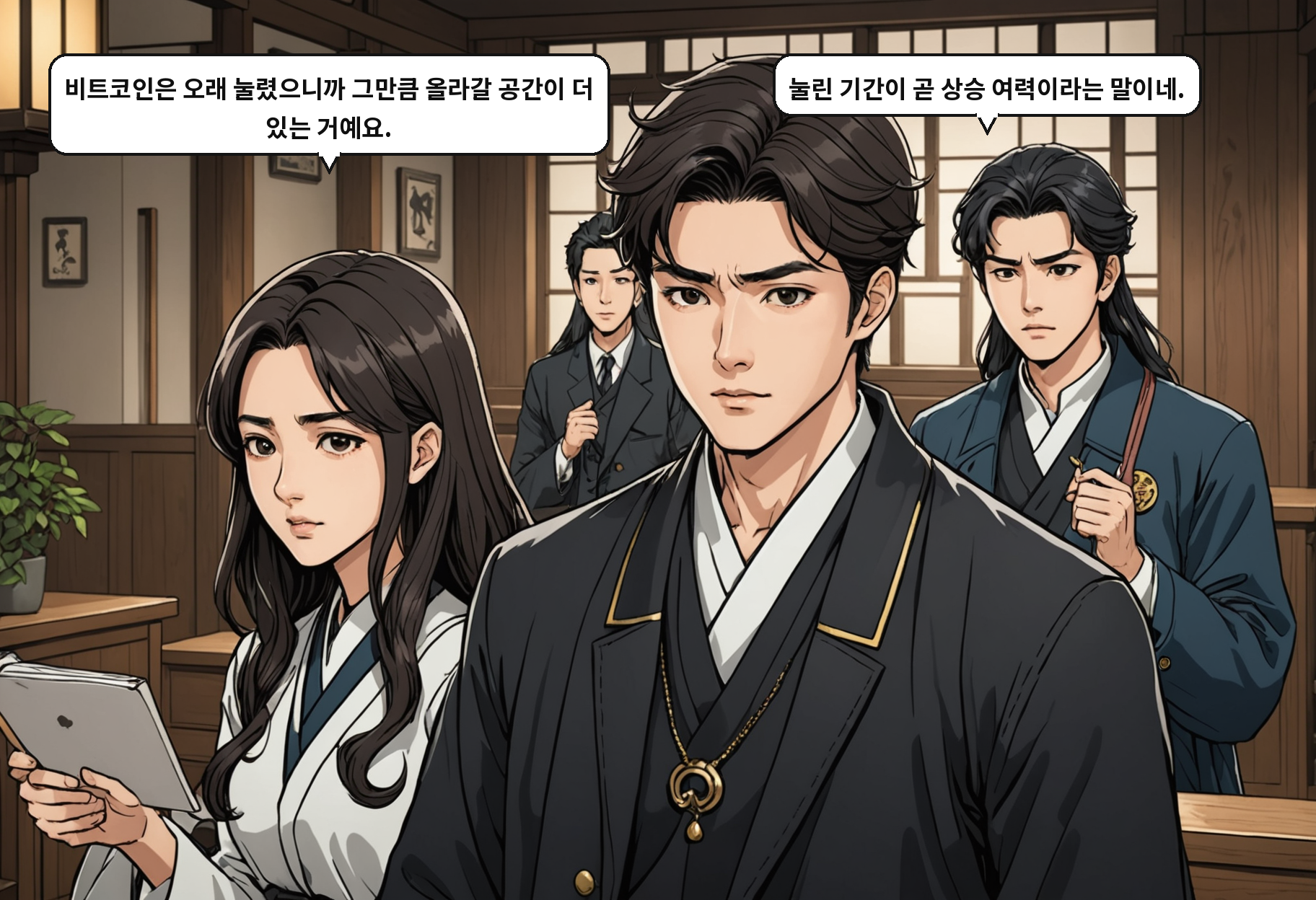 A: 비트코인은 오래 눌렸으니까 그만큼 올라갈 공간이 더 있는 거예요. B: 눌린 기간이 곧 상승 여력이라는 말이네.
