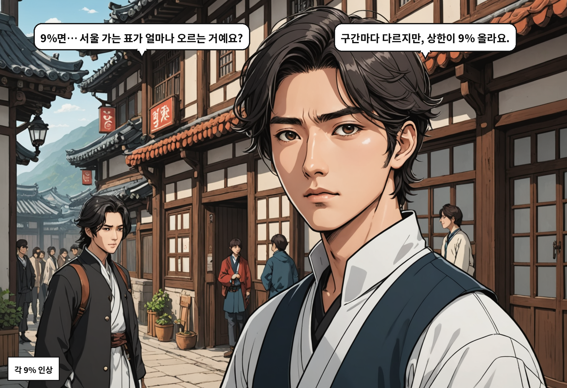 A: 9%면… 서울 가는 표가 얼마나 오르는 거예요? B: 구간마다 다르지만, 상한이 9% 올라요.