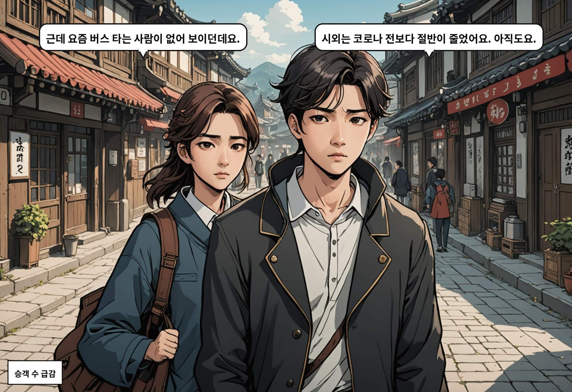 A: 근데 요즘 버스 타는 사람이 없어 보이던데요. B: 시외는 코로나 전보다 절반이 줄었어요. 아직도요.