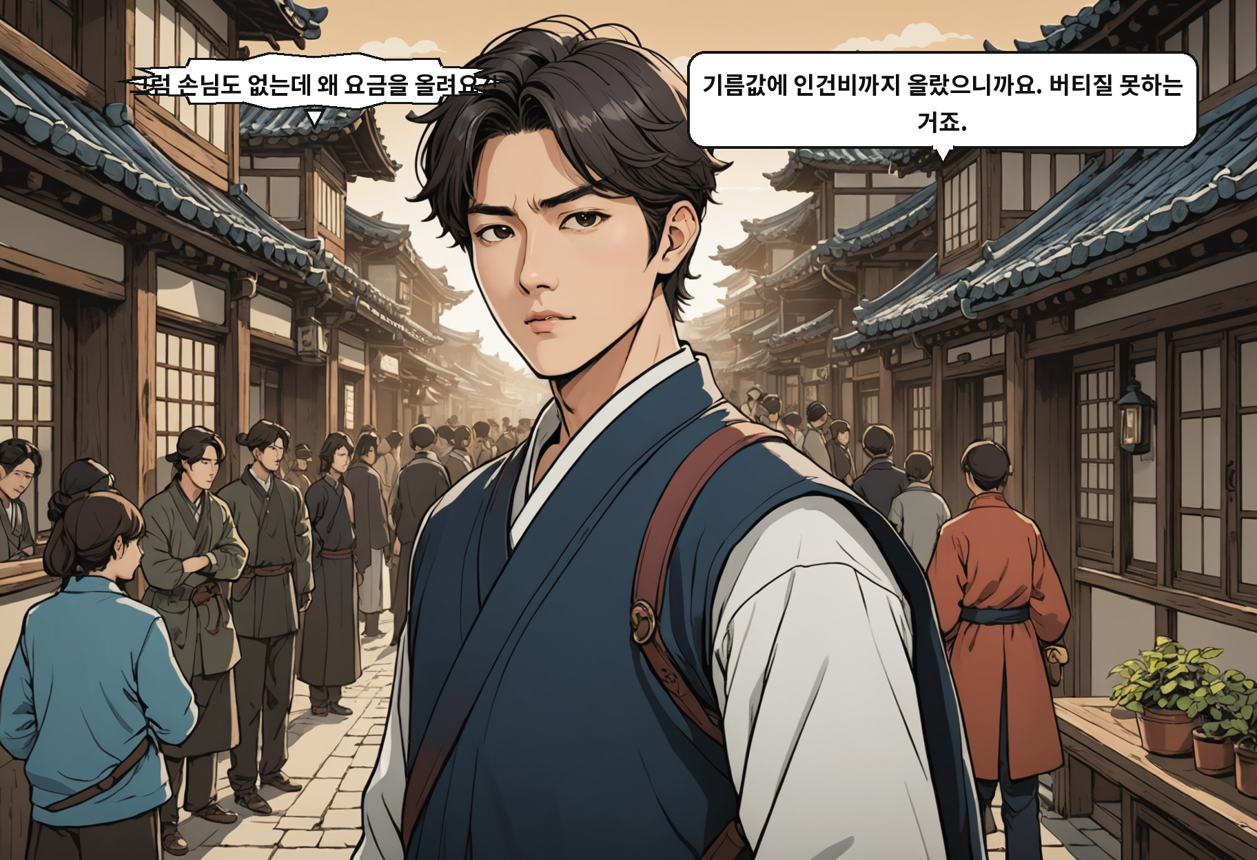 A: 그럼 손님도 없는데 왜 요금을 올려요?! B: 기름값에 인건비까지 올랐으니까요. 버티질 못하는 거죠.