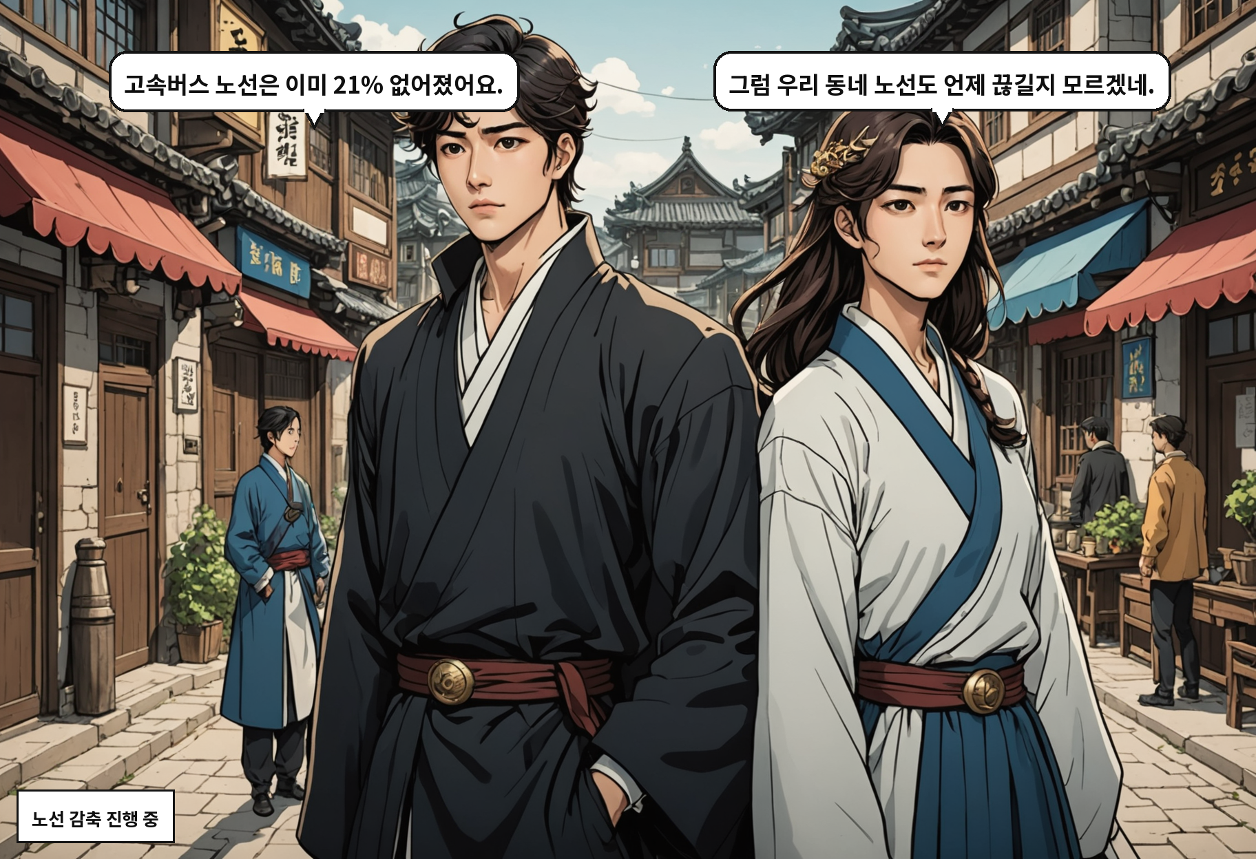B: 고속버스 노선은 이미 21% 없어졌어요. A: 그럼 우리 동네 노선도 언제 끊길지 모르겠네.