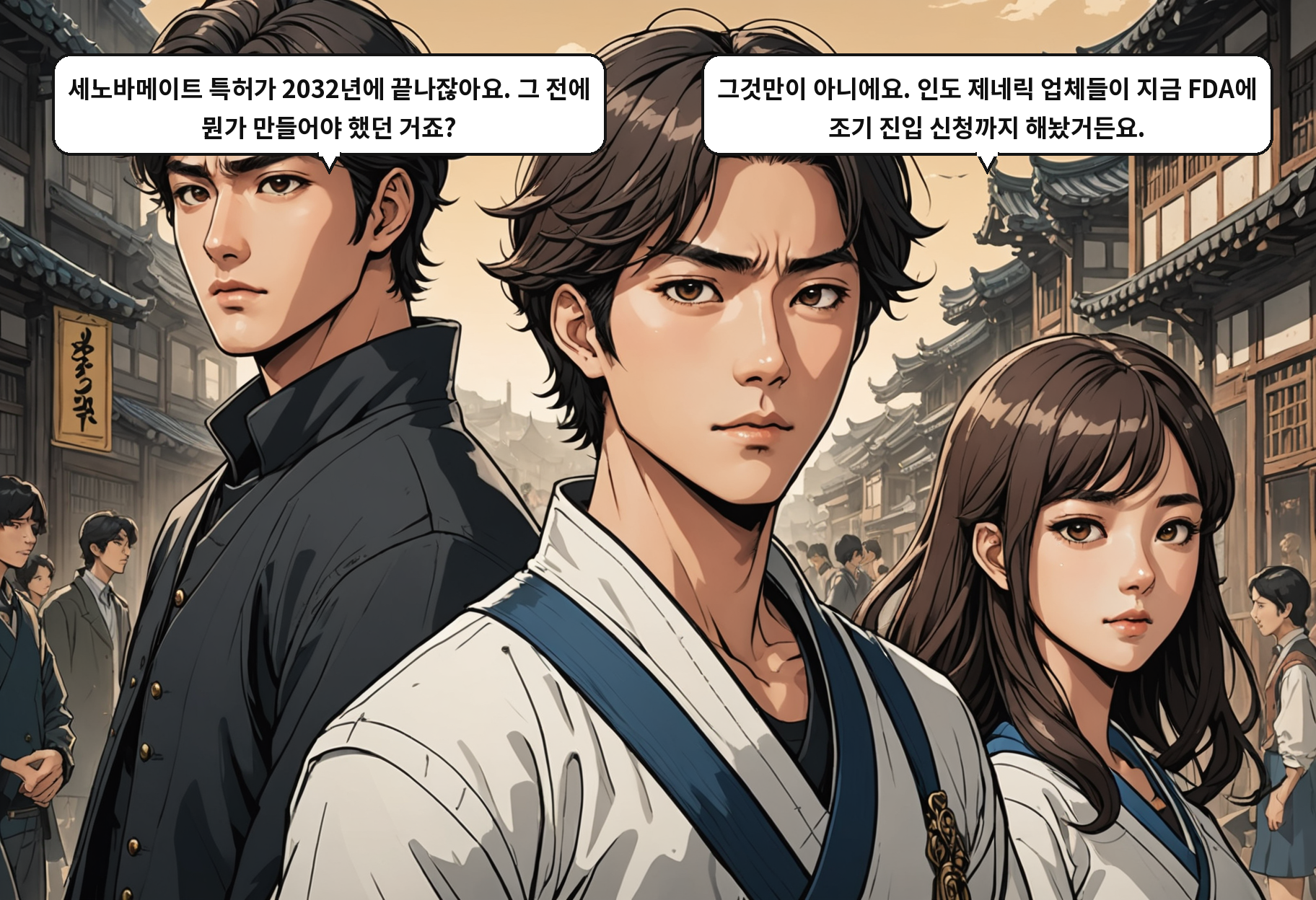 B: 세노바메이트 특허가 2032년에 끝나잖아요. 그 전에 뭔가 만들어야 했던 거죠? A: 그것만이 아니에요. 인도 제네릭 업체들이 지금 FDA에 조기 진입 신청까지 해놨거든요.