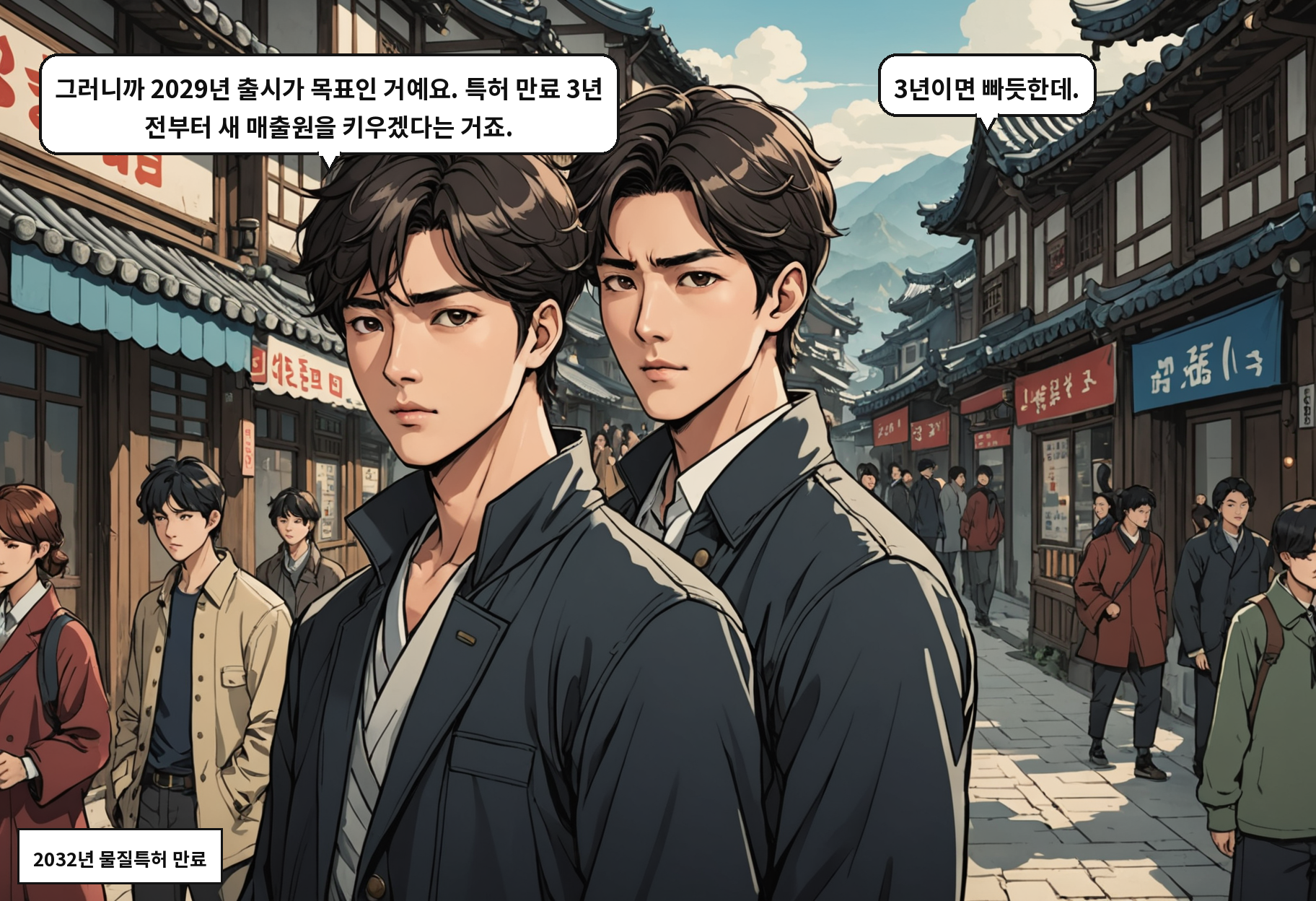 A: 그러니까 2029년 출시가 목표인 거예요. 특허 만료 3년 전부터 새 매출원을 키우겠다는 거죠. B: 3년이면 빠듯한데.