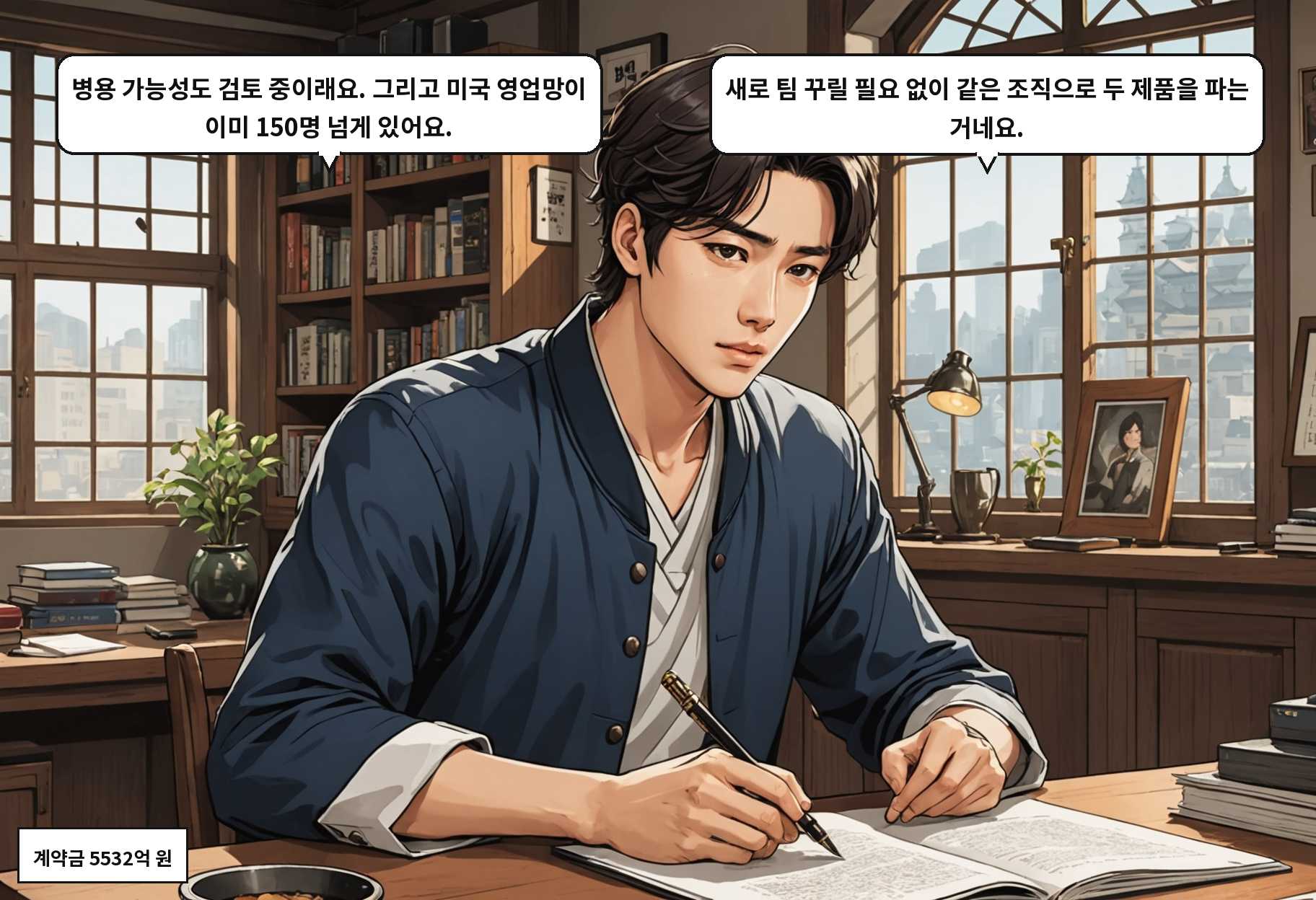 A: 병용 가능성도 검토 중이래요. 그리고 미국 영업망이 이미 150명 넘게 있어요. B: 새로 팀 꾸릴 필요 없이 같은 조직으로 두 제품을 파는 거네요.