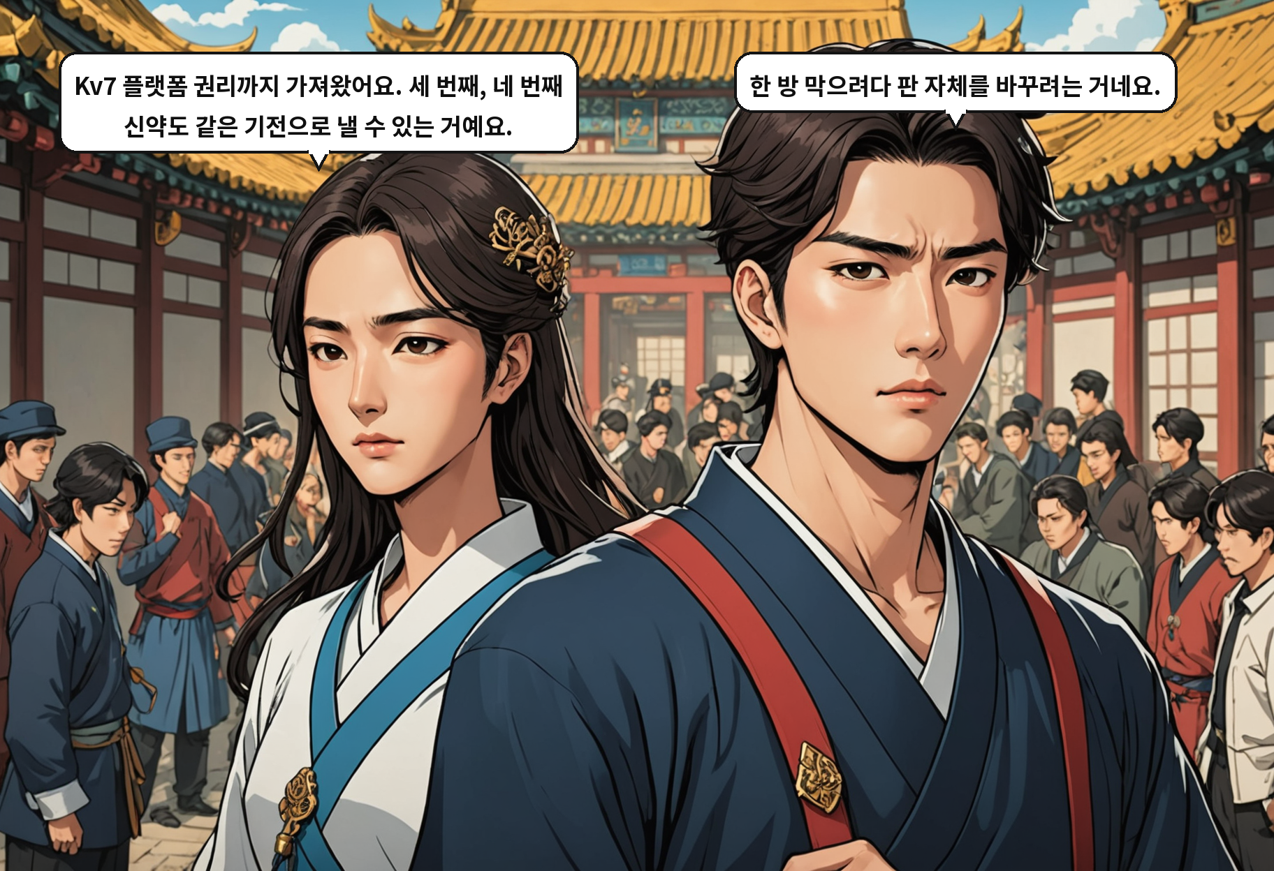 A: Kv7 플랫폼 권리까지 가져왔어요. 세 번째, 네 번째 신약도 같은 기전으로 낼 수 있는 거예요. B: 한 방 막으려다 판 자체를 바꾸려는 거네요.