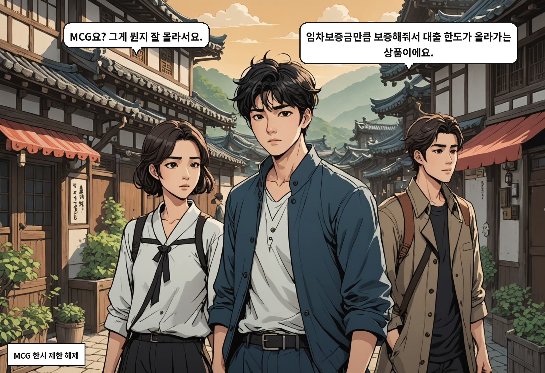 A: MCG요? 그게 뭔지 잘 몰라서요. B: 임차보증금만큼 보증해줘서 대출 한도가 올라가는 상품이에요.