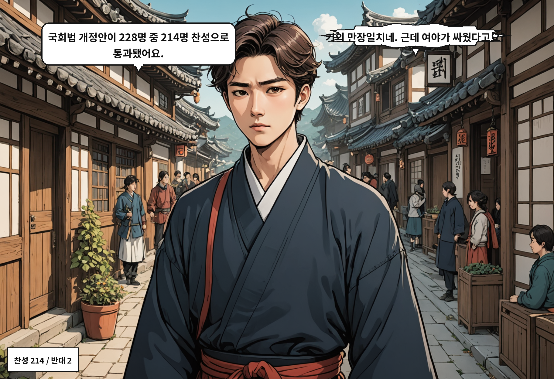 A: 국회법 개정안이 228명 중 214명 찬성으로 통과됐어요. B: 거의 만장일치네. 근데 여야가 싸웠다고요?