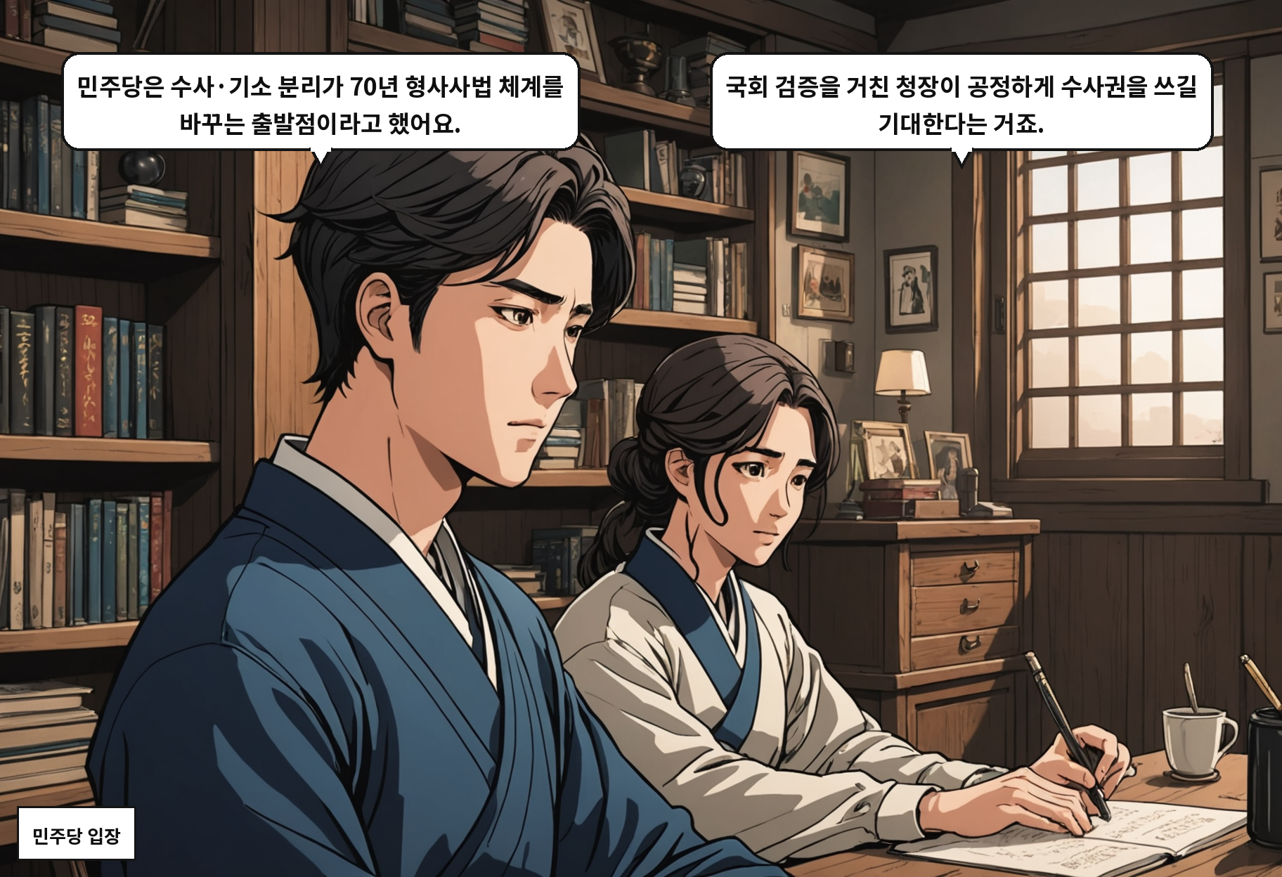 A: 민주당은 수사·기소 분리가 70년 형사사법 체계를 바꾸는 출발점이라고 했어요. B: 국회 검증을 거친 청장이 공정하게 수사권을 쓰길 기대한다는 거죠.
