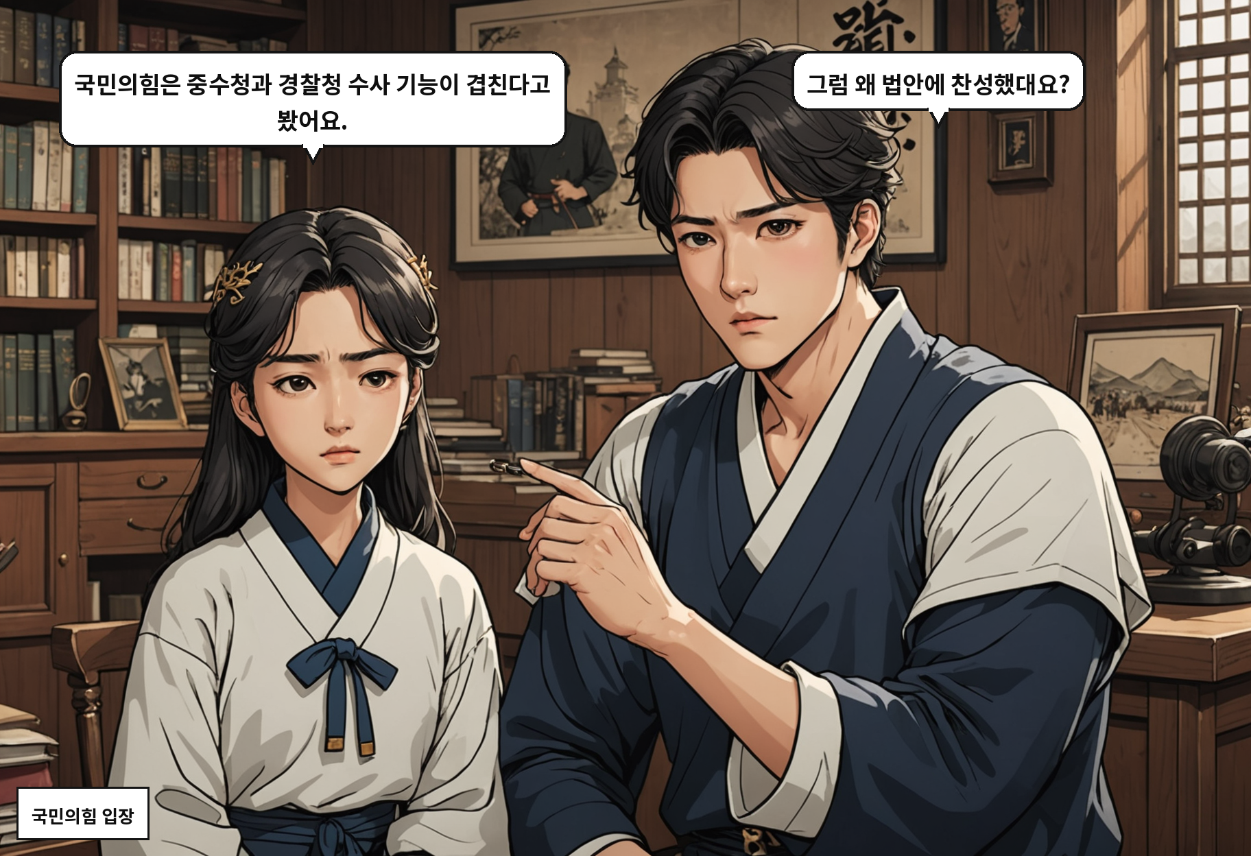 B: 국민의힘은 중수청과 경찰청 수사 기능이 겹친다고 봤어요. A: 그럼 왜 법안에 찬성했대요?