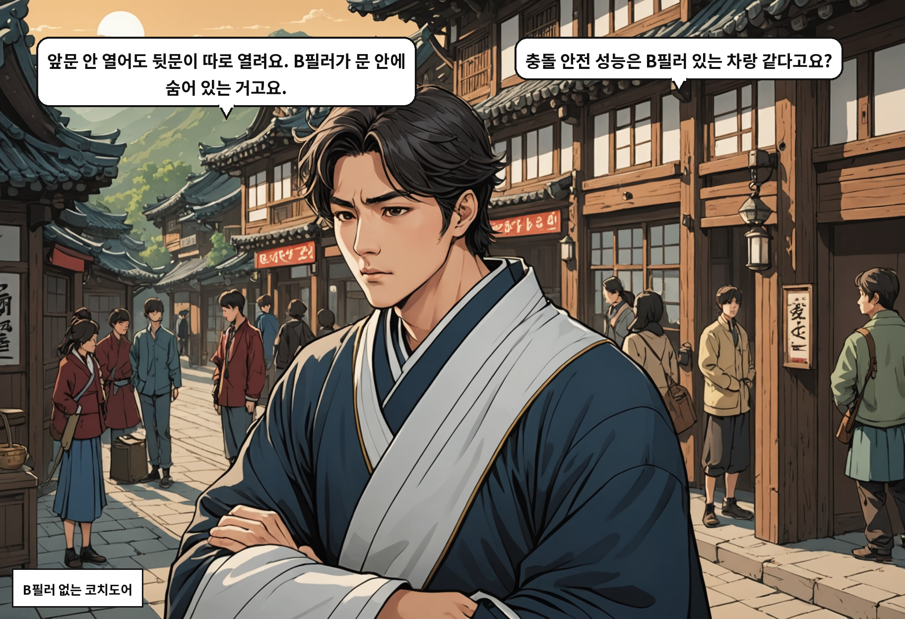B: 앞문 안 열어도 뒷문이 따로 열려요. B필러가 문 안에 숨어 있는 거고요. A: 충돌 안전 성능은 B필러 있는 차랑 같다고요?