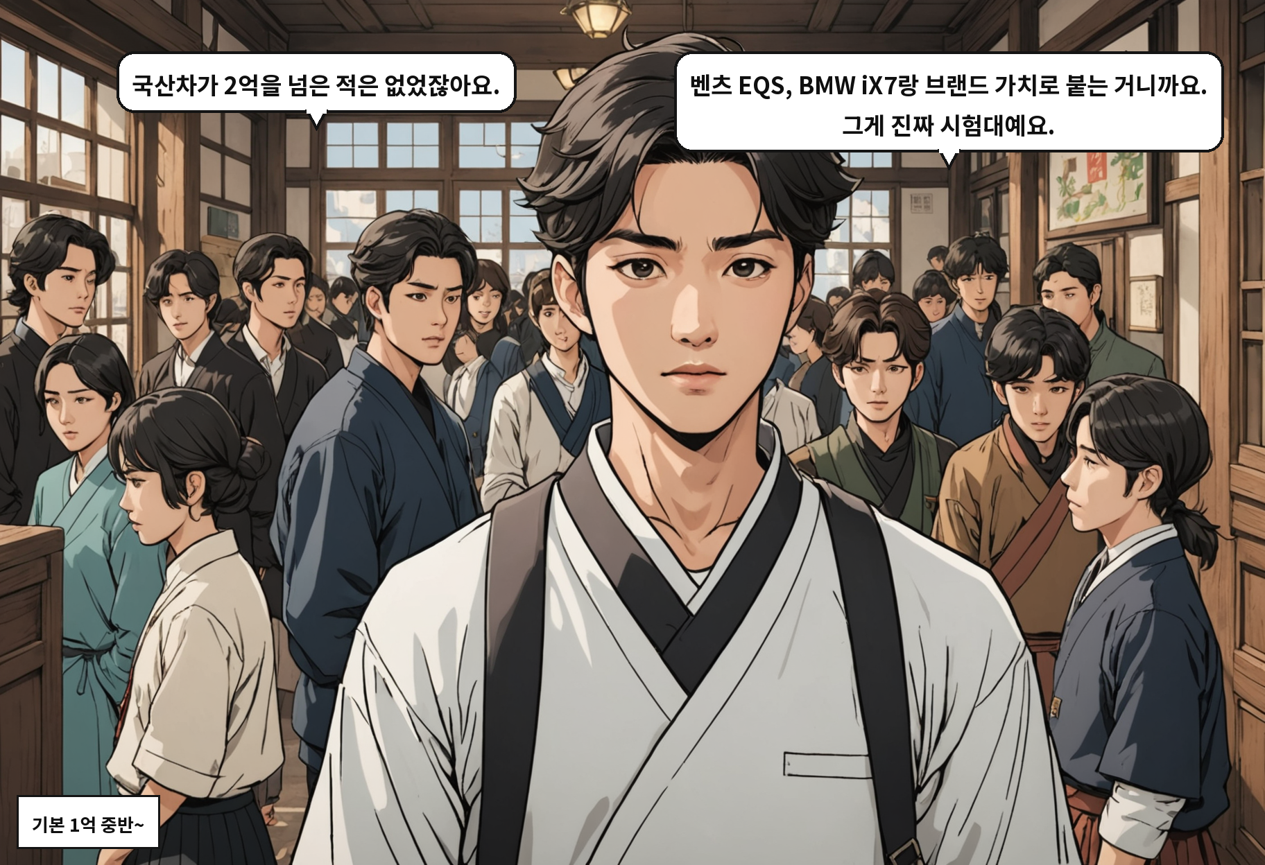 A: 국산차가 2억을 넘은 적은 없었잖아요. B: 벤츠 EQS, BMW iX7랑 브랜드 가치로 붙는 거니까요. 그게 진짜 시험대예요.