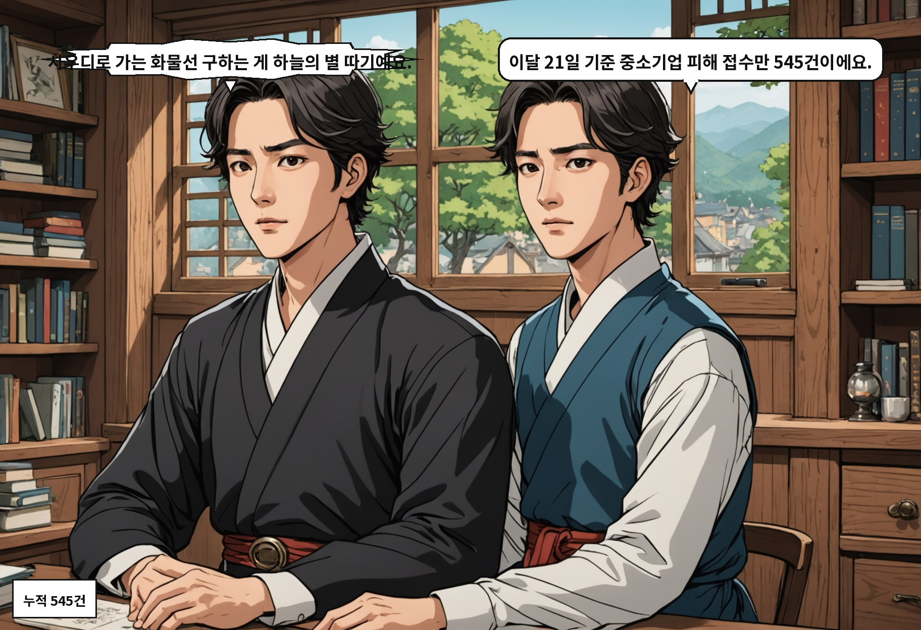 A: 사우디로 가는 화물선 구하는 게 하늘의 별 따기예요. B: 이달 21일 기준 중소기업 피해 접수만 545건이에요.