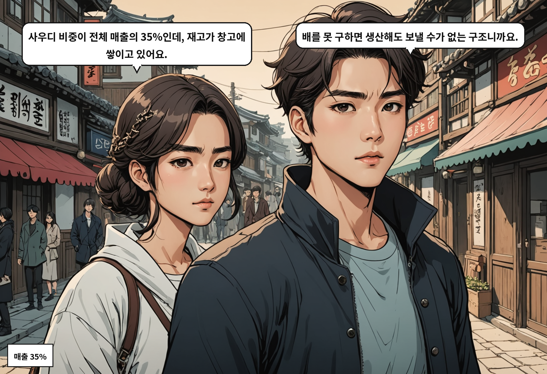 A: 사우디 비중이 전체 매출의 35%인데, 재고가 창고에 쌓이고 있어요. B: 배를 못 구하면 생산해도 보낼 수가 없는 구조니까요.