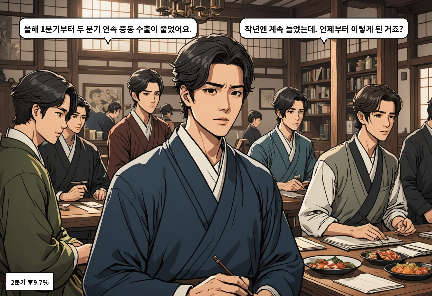 B: 올해 1분기부터 두 분기 연속 중동 수출이 줄었어요. A: 작년엔 계속 늘었는데. 언제부터 이렇게 된 거죠?