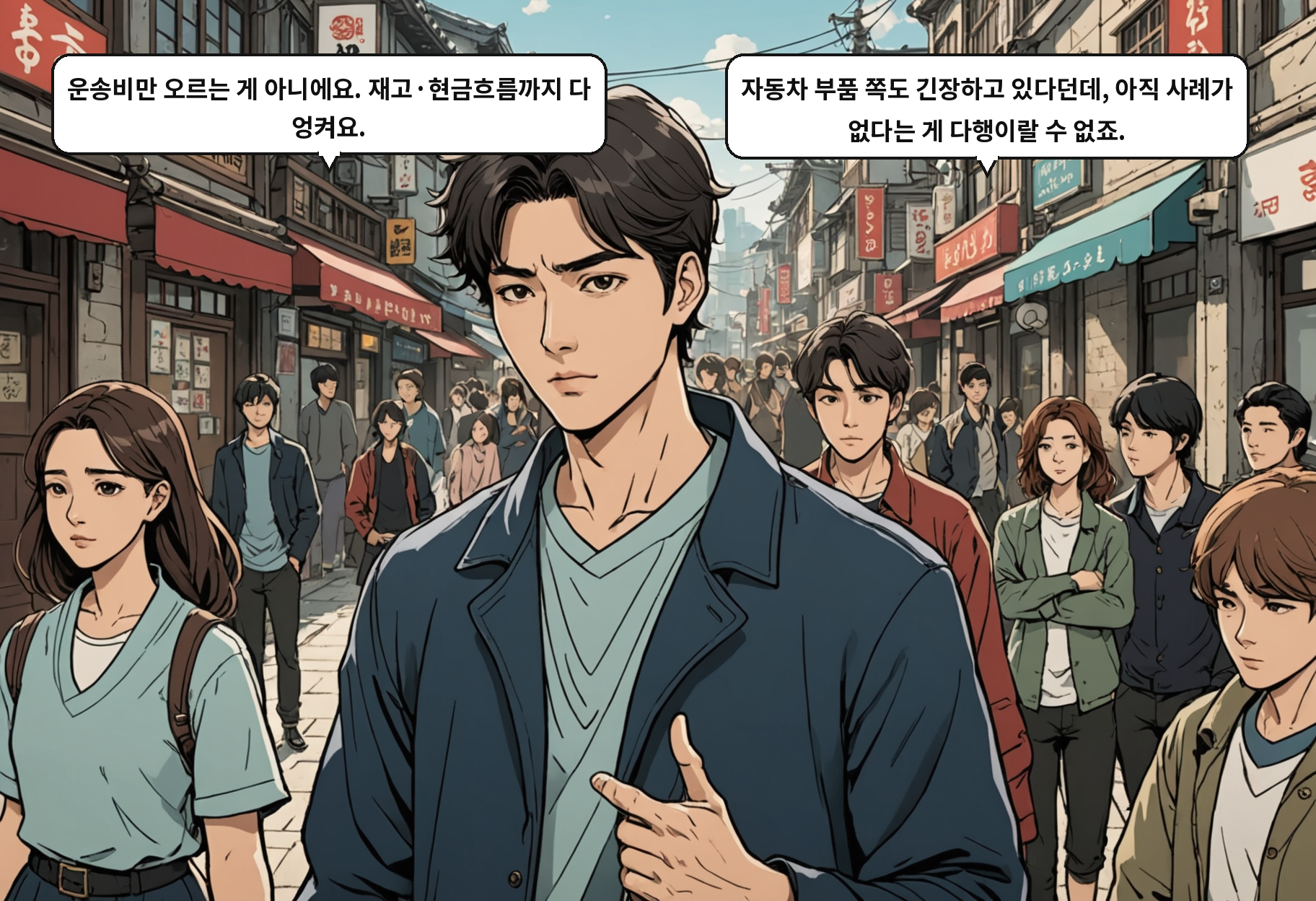 B: 운송비만 오르는 게 아니에요. 재고·현금흐름까지 다 엉켜요. A: 자동차 부품 쪽도 긴장하고 있다던데, 아직 사례가 없다는 게 다행이랄 수 없죠.