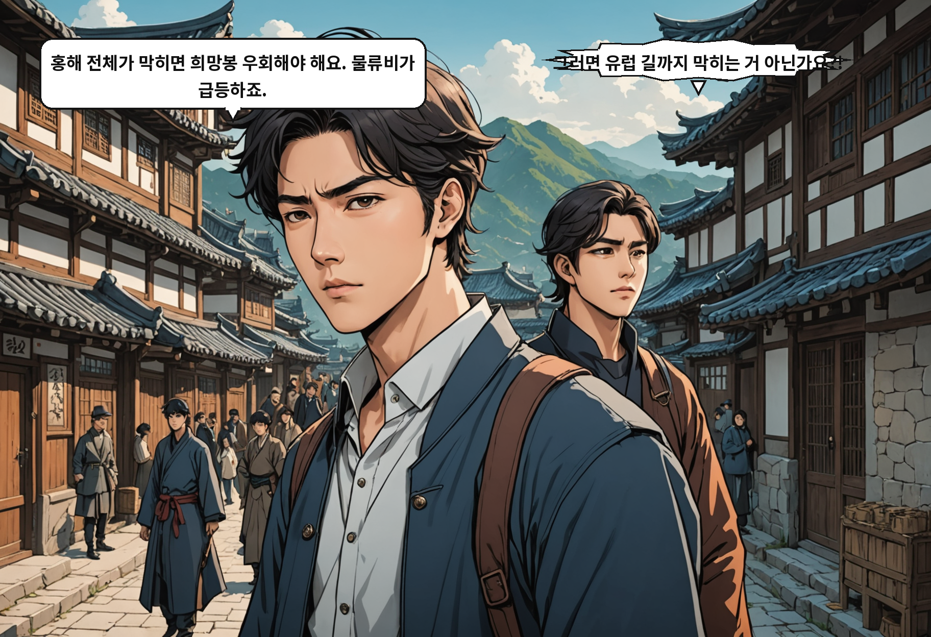 B: 홍해 전체가 막히면 희망봉 우회해야 해요. 물류비가 급등하죠. A: 그러면 유럽 길까지 막히는 거 아닌가요?!