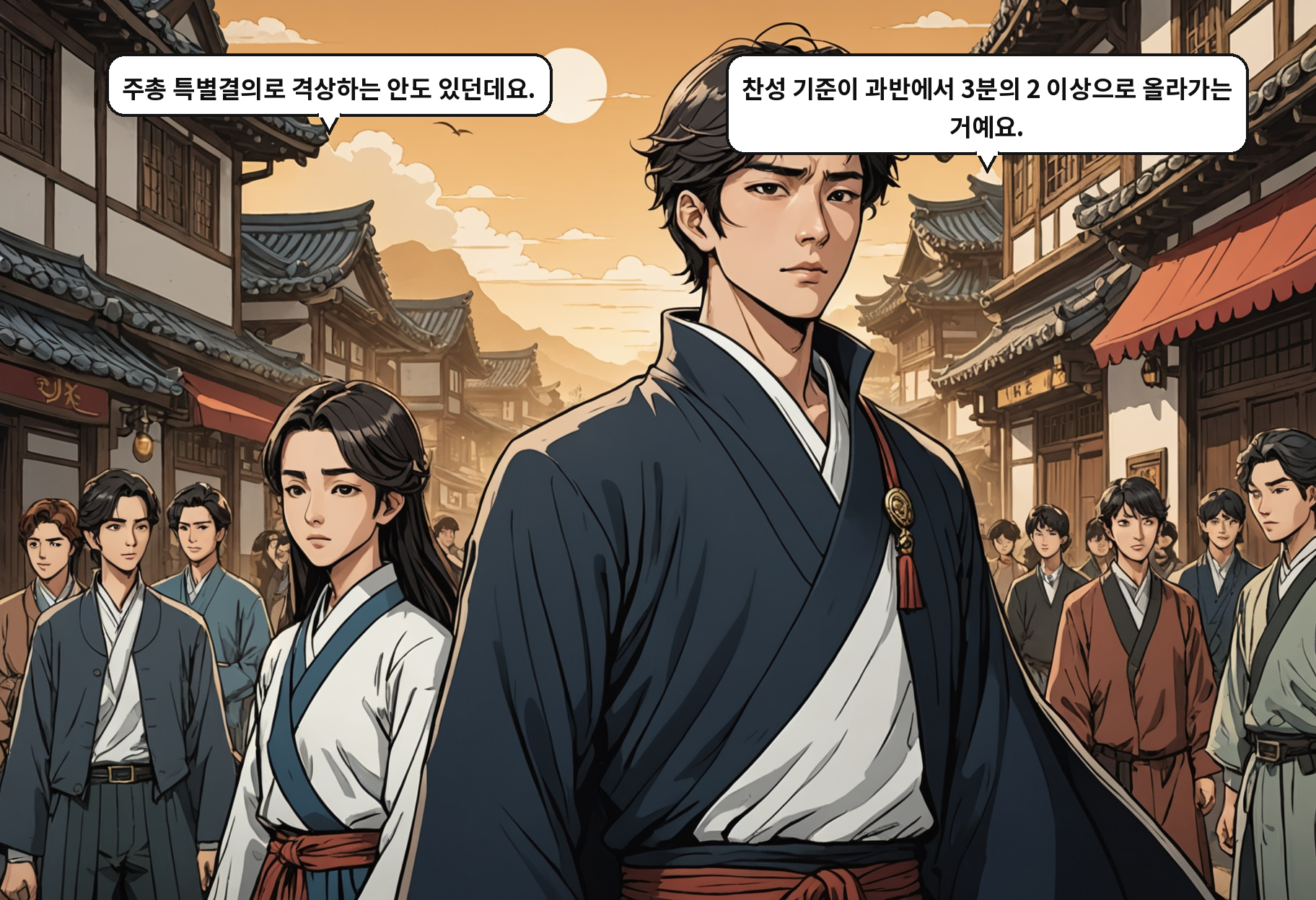 A: 주총 특별결의로 격상하는 안도 있던데요. B: 찬성 기준이 과반에서 3분의 2 이상으로 올라가는 거예요.