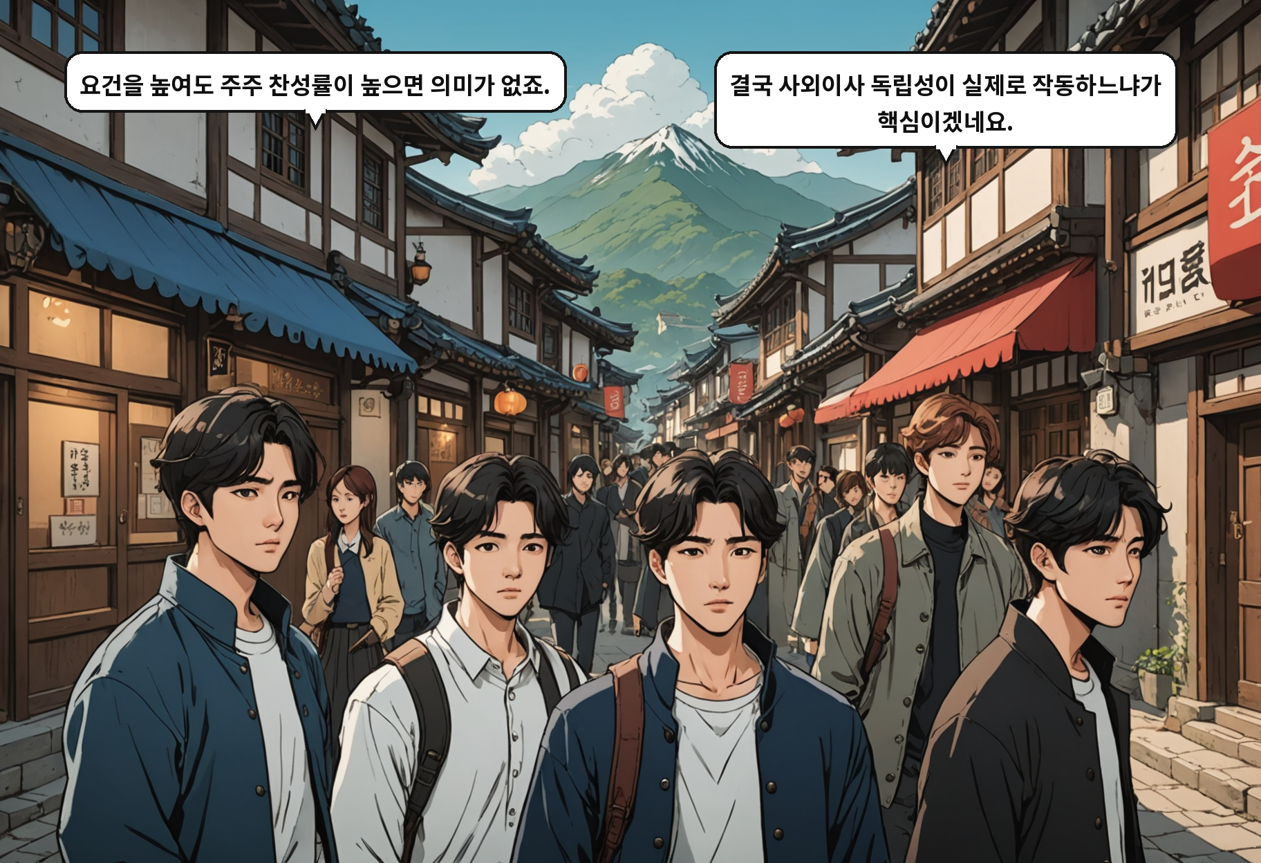 B: 요건을 높여도 주주 찬성률이 높으면 의미가 없죠. A: 결국 사외이사 독립성이 실제로 작동하느냐가 핵심이겠네요.