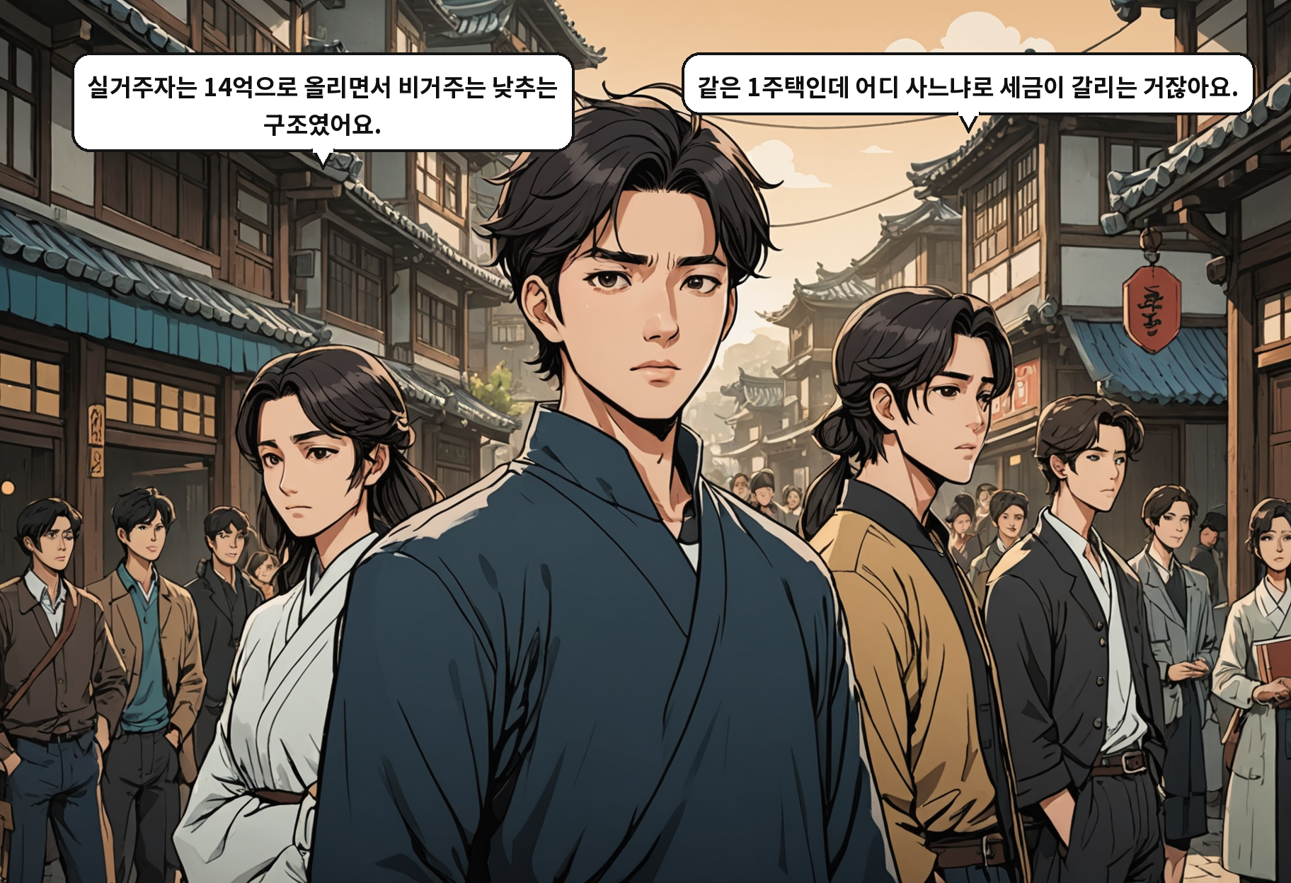 A: 실거주자는 14억으로 올리면서 비거주는 낮추는 구조였어요. B: 같은 1주택인데 어디 사느냐로 세금이 갈리는 거잖아요.