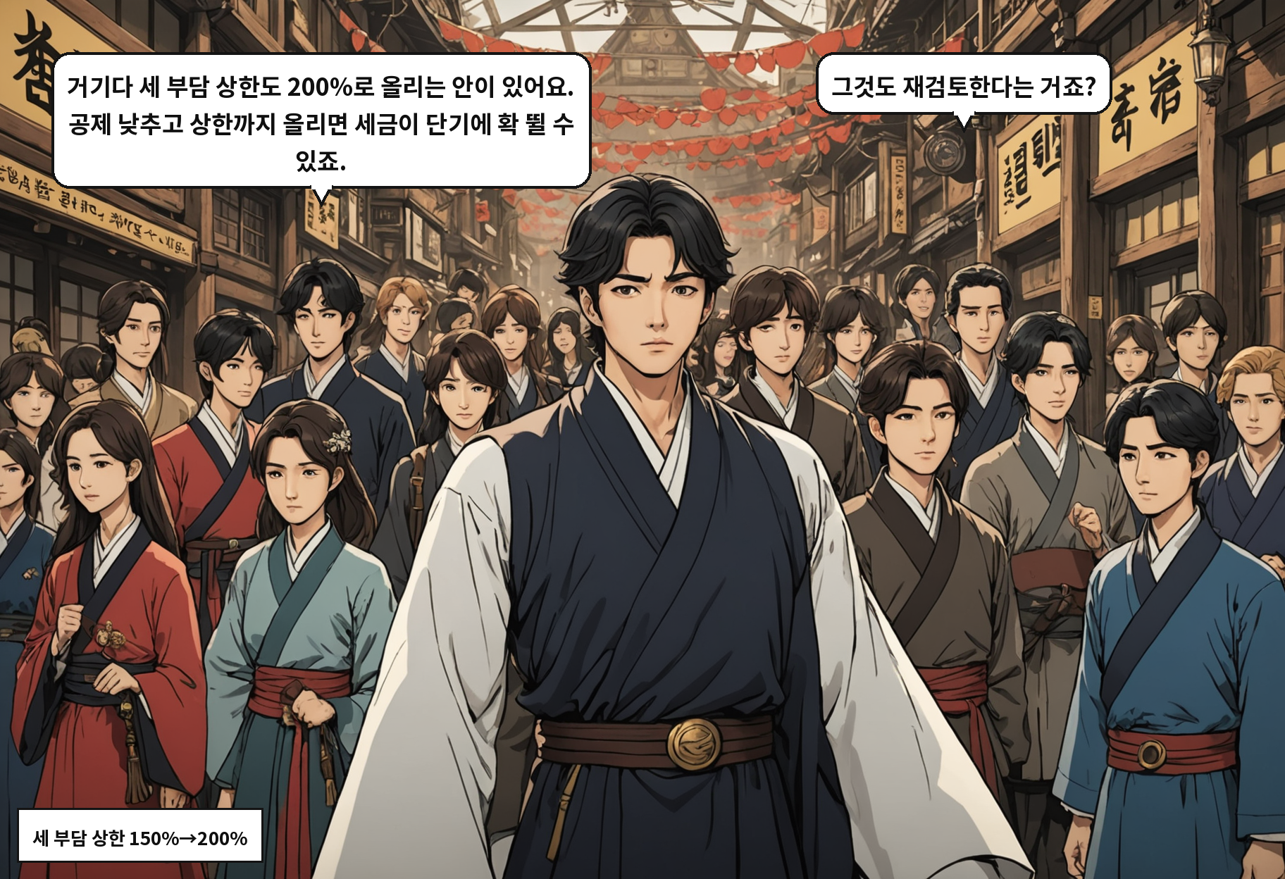 A: 거기다 세 부담 상한도 200%로 올리는 안이 있어요. 공제 낮추고 상한까지 올리면 세금이 단기에 확 뛸 수 있죠. B: 그것도 재검토한다는 거죠?