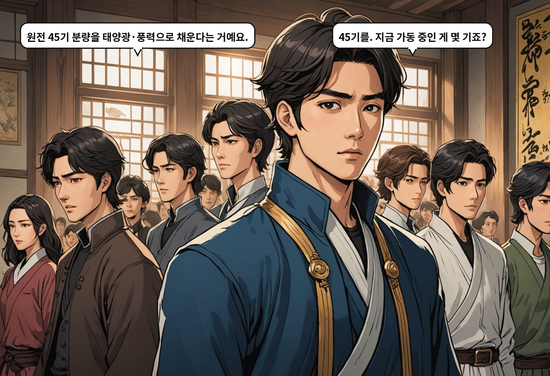 A: 원전 45기 분량을 태양광·풍력으로 채운다는 거예요. B: 45기를. 지금 가동 중인 게 몇 기죠?