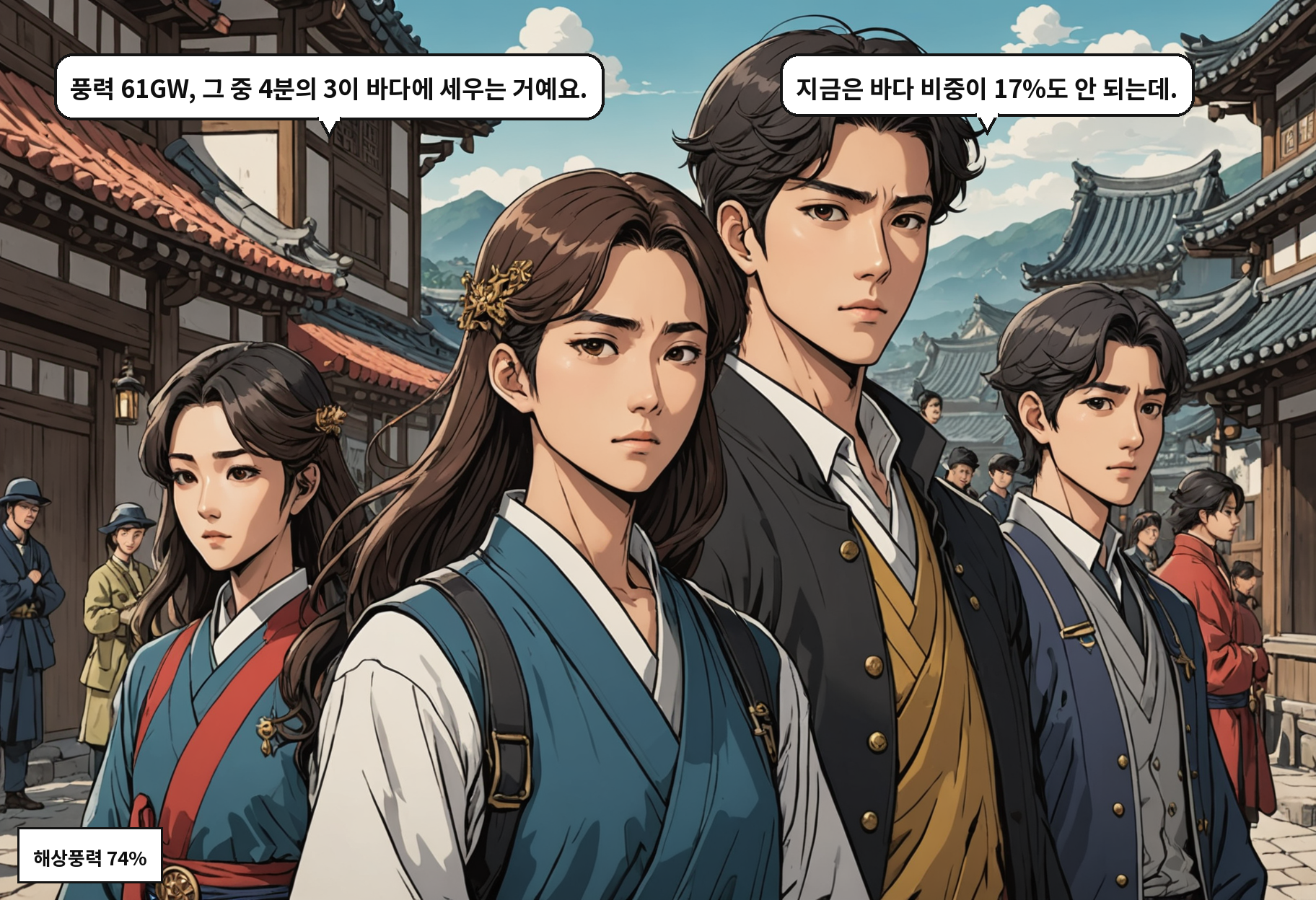 A: 풍력 61GW, 그 중 4분의 3이 바다에 세우는 거예요. B: 지금은 바다 비중이 17%도 안 되는데.
