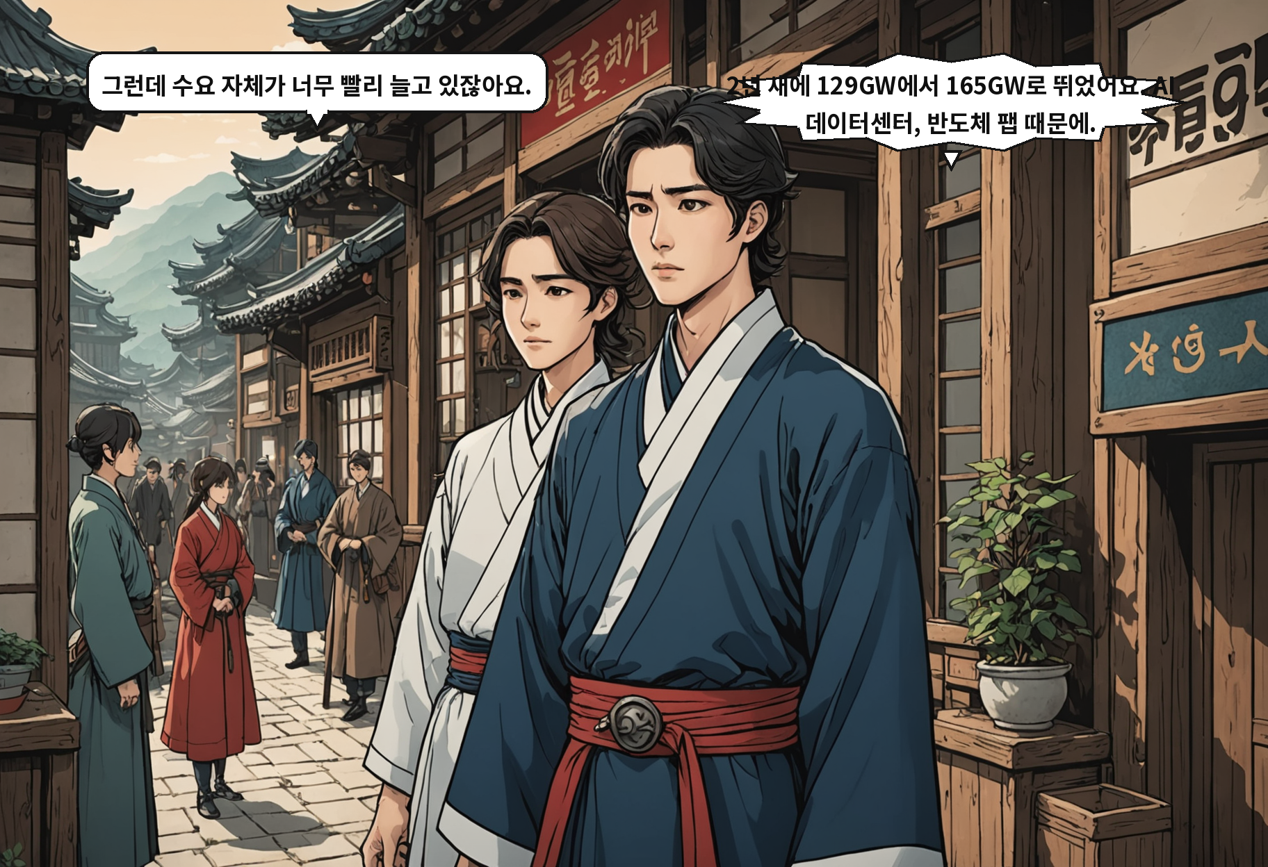 B: 그런데 수요 자체가 너무 빨리 늘고 있잖아요. A: 2년 새에 129GW에서 165GW로 뛰었어요. AI 데이터센터, 반도체 팹 때문에.
