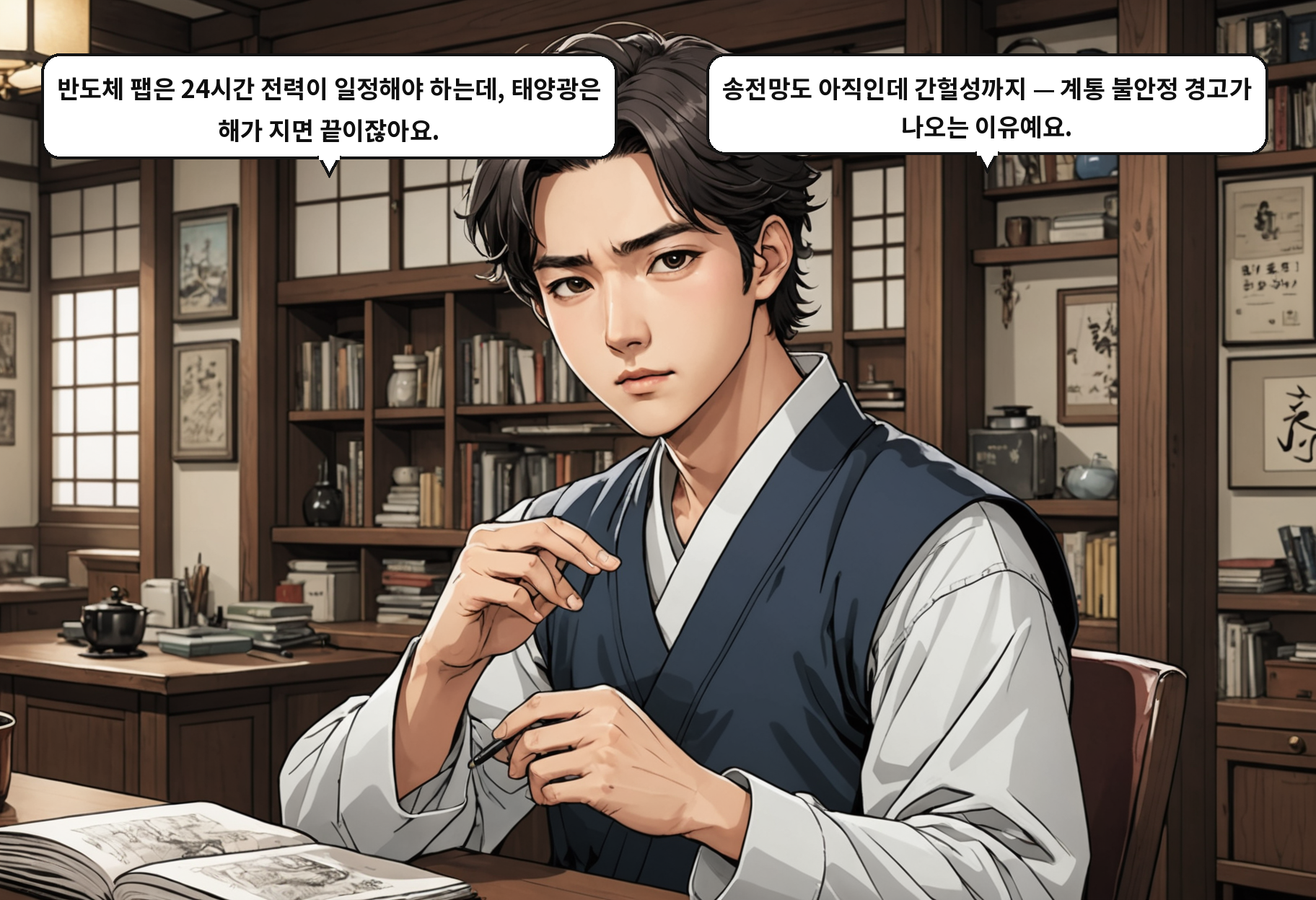 B: 반도체 팹은 24시간 전력이 일정해야 하는데, 태양광은 해가 지면 끝이잖아요. A: 송전망도 아직인데 간헐성까지 — 계통 불안정 경고가 나오는 이유예요.