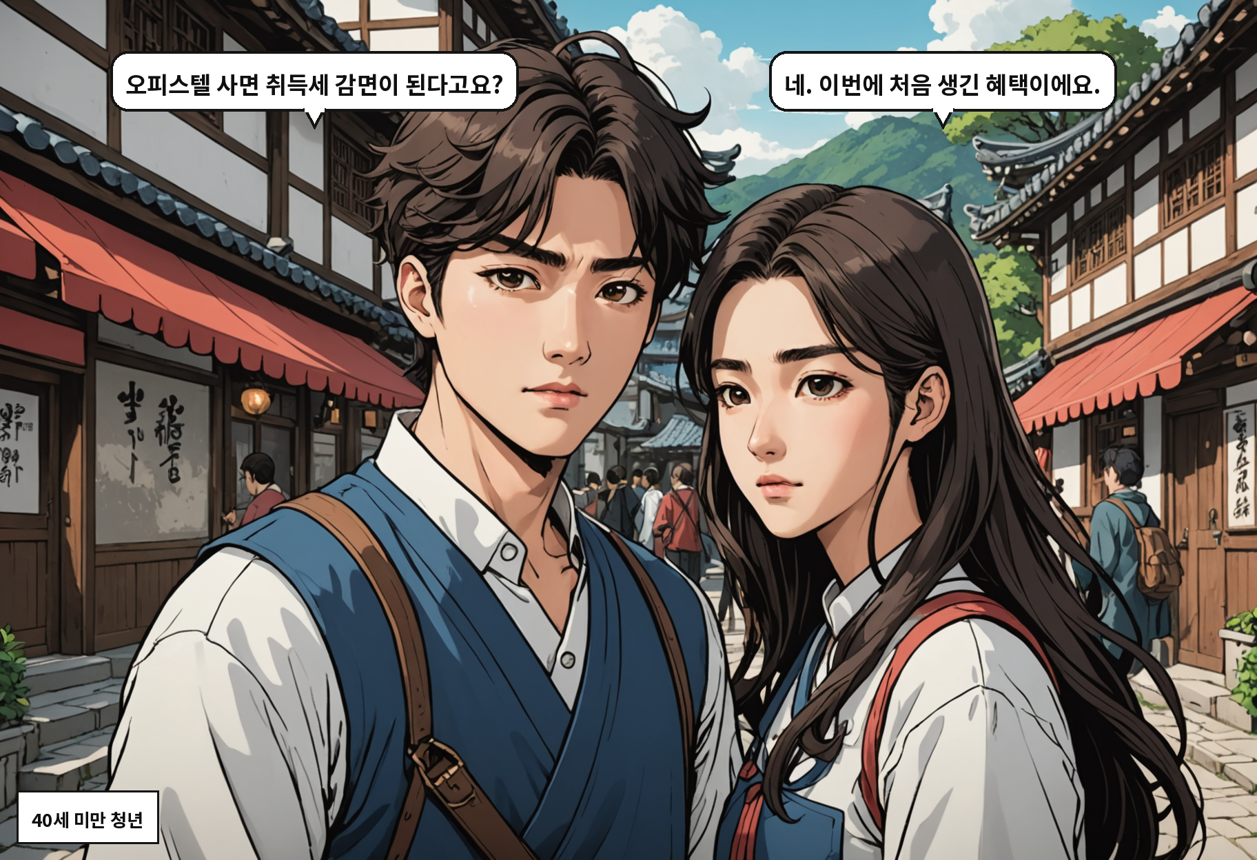 A: 오피스텔 사면 취득세 감면이 된다고요? B: 네. 이번에 처음 생긴 혜택이에요.