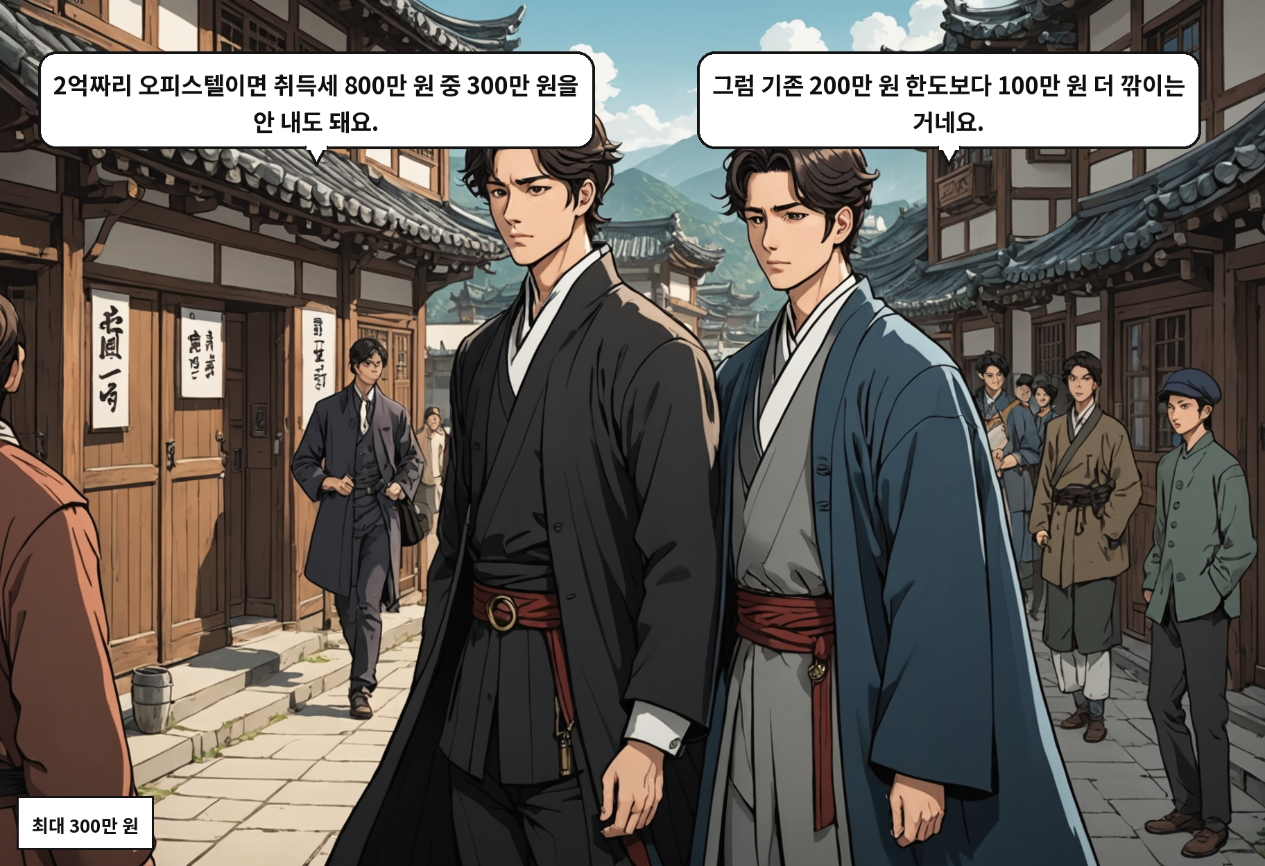B: 2억짜리 오피스텔이면 취득세 800만 원 중 300만 원을 안 내도 돼요. A: 그럼 기존 200만 원 한도보다 100만 원 더 깎이는 거네요.