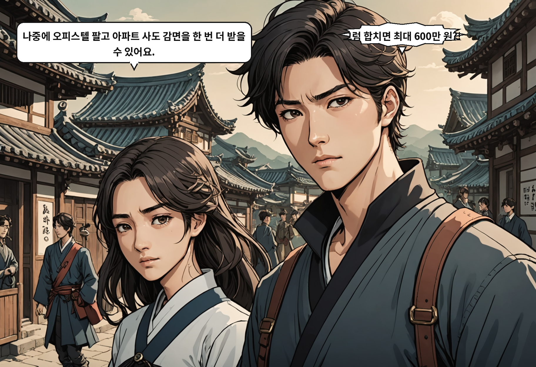 B: 나중에 오피스텔 팔고 아파트 사도 감면을 한 번 더 받을 수 있어요. A: 그럼 합치면 최대 600만 원?!