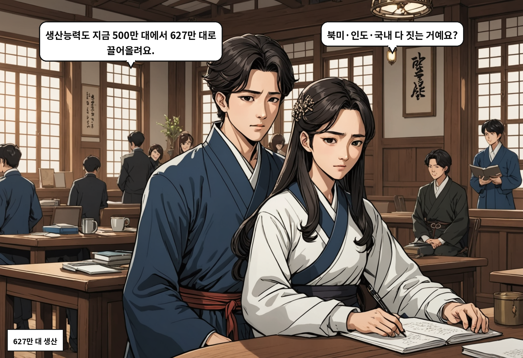 A: 생산능력도 지금 500만 대에서 627만 대로 끌어올려요. B: 북미·인도·국내 다 짓는 거예요?