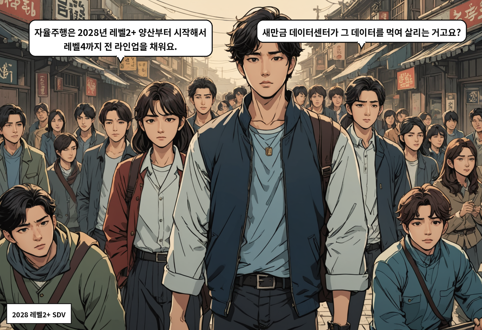 A: 자율주행은 2028년 레벨2+ 양산부터 시작해서 레벨4까지 전 라인업을 채워요. B: 새만금 데이터센터가 그 데이터를 먹여 살리는 거고요?