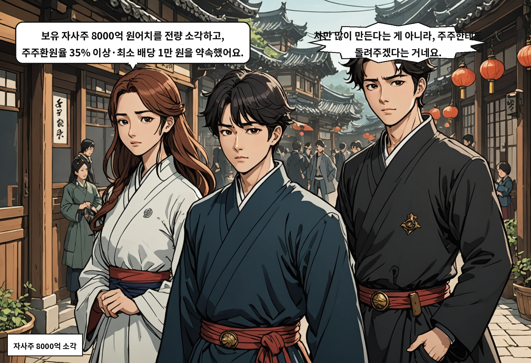 A: 보유 자사주 8000억 원어치를 전량 소각하고, 주주환원율 35% 이상·최소 배당 1만 원을 약속했어요. B: 차만 많이 만든다는 게 아니라, 주주한테도 돌려주겠다는 거네요.