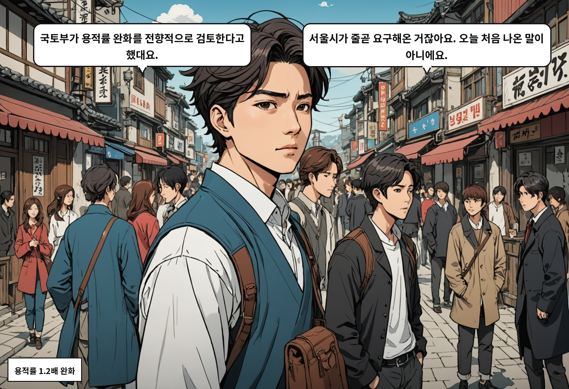 A: 국토부가 용적률 완화를 전향적으로 검토한다고 했대요. B: 서울시가 줄곧 요구해온 거잖아요. 오늘 처음 나온 말이 아니에요.
