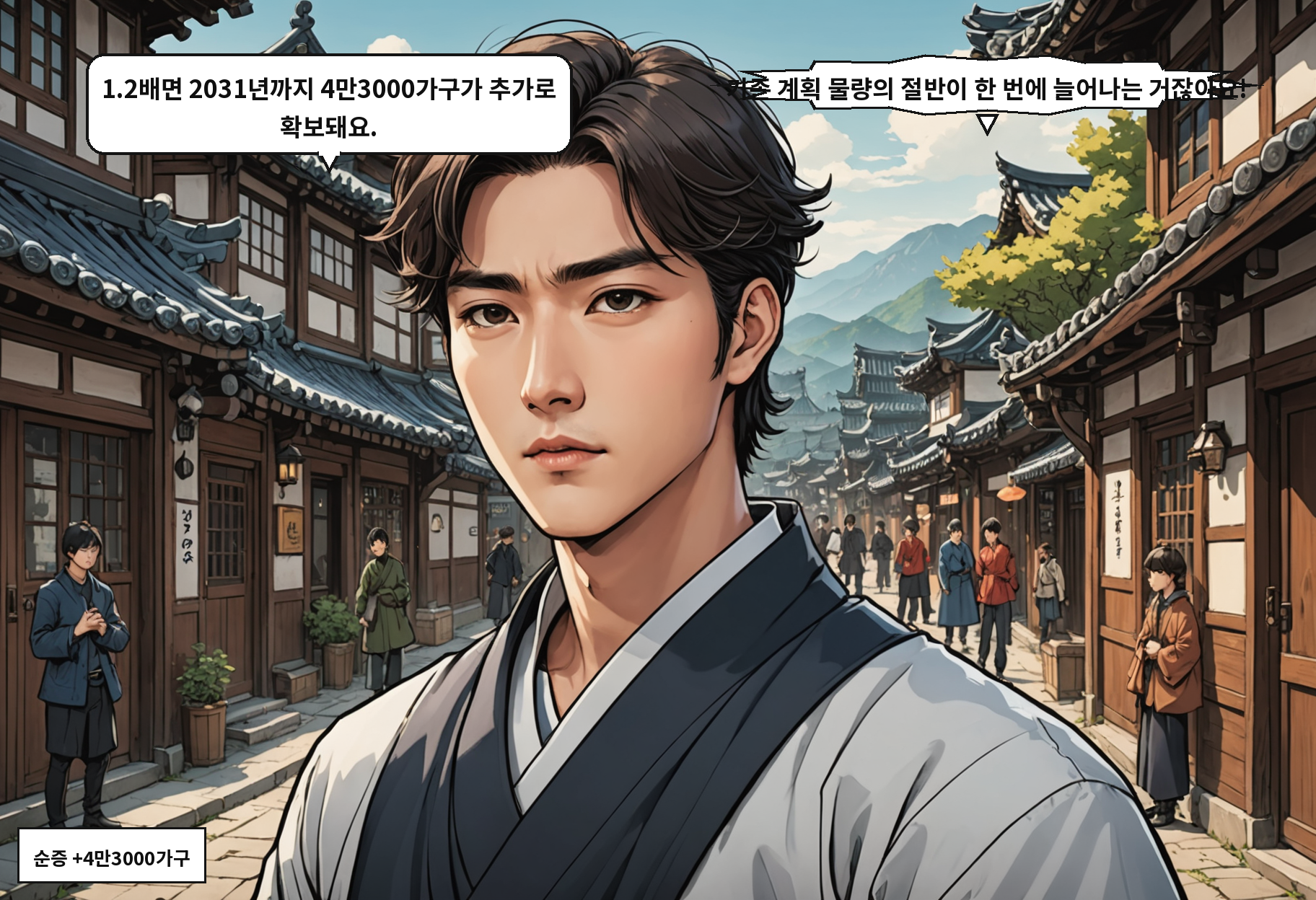 A: 1.2배면 2031년까지 4만3000가구가 추가로 확보돼요. B: 기존 계획 물량의 절반이 한 번에 늘어나는 거잖아요!