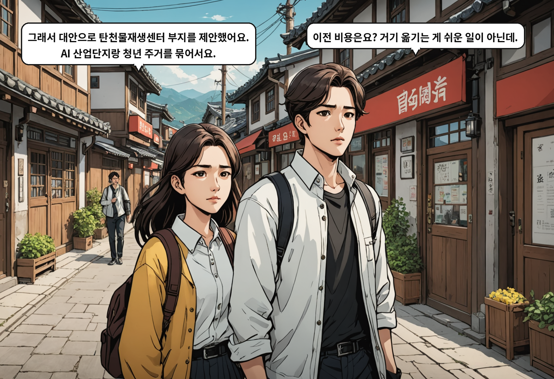 A: 그래서 대안으로 탄천물재생센터 부지를 제안했어요. AI 산업단지랑 청년 주거를 묶어서요. B: 이전 비용은요? 거기 옮기는 게 쉬운 일이 아닌데.