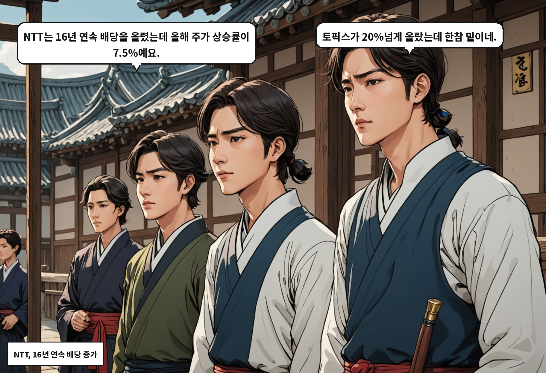 A: NTT는 16년 연속 배당을 올렸는데 올해 주가 상승률이 7.5%예요. B: 토픽스가 20%넘게 올랐는데 한참 밑이네.