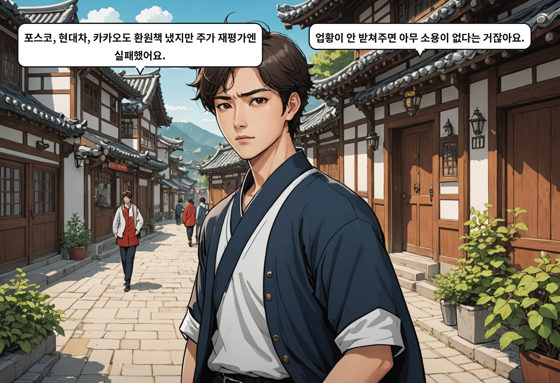 A: 포스코, 현대차, 카카오도 환원책 냈지만 주가 재평가엔 실패했어요. B: 업황이 안 받쳐주면 아무 소용이 없다는 거잖아요.