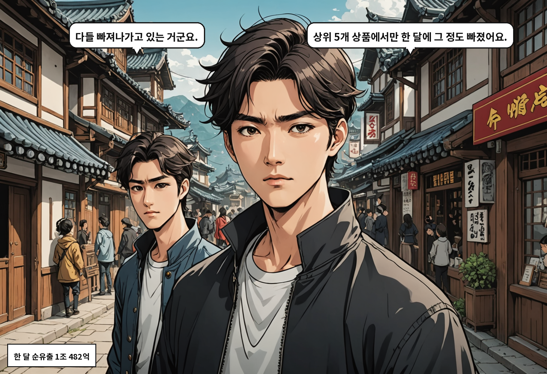 A: 다들 빠져나가고 있는 거군요. B: 상위 5개 상품에서만 한 달에 그 정도 빠졌어요.