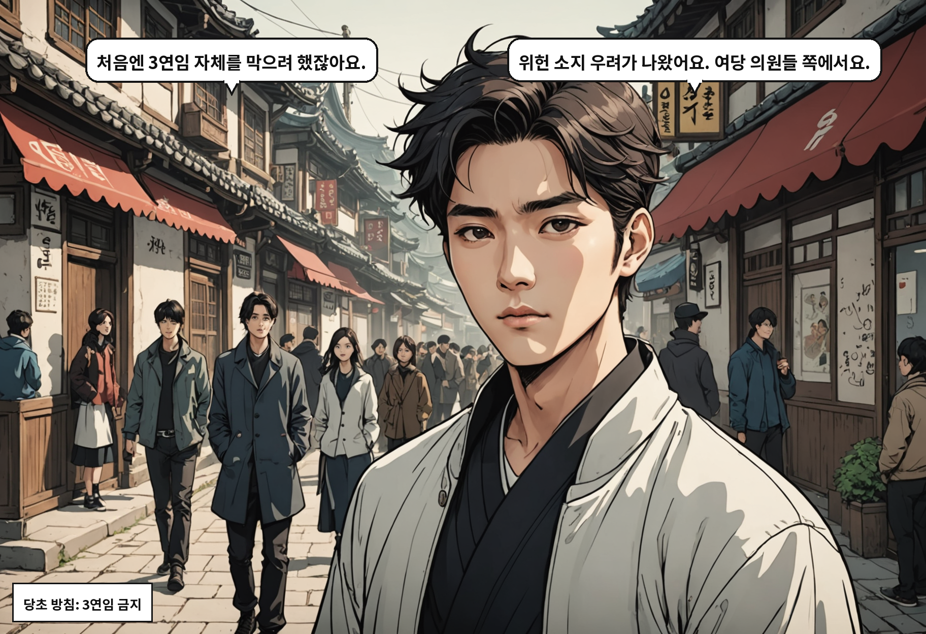 A: 처음엔 3연임 자체를 막으려 했잖아요. B: 위헌 소지 우려가 나왔어요. 여당 의원들 쪽에서요.