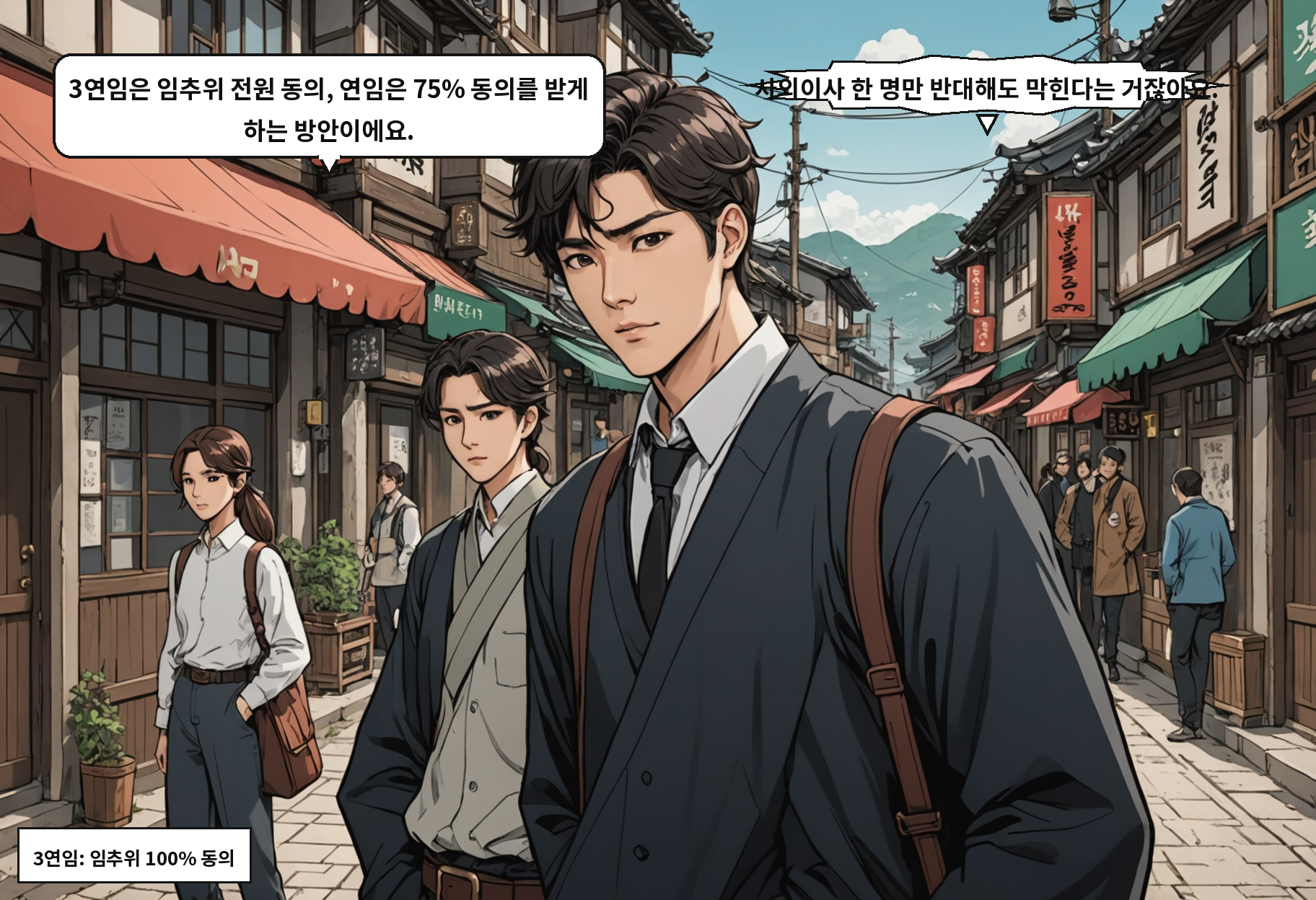 B: 3연임은 임추위 전원 동의, 연임은 75% 동의를 받게 하는 방안이에요. A: 사외이사 한 명만 반대해도 막힌다는 거잖아요.