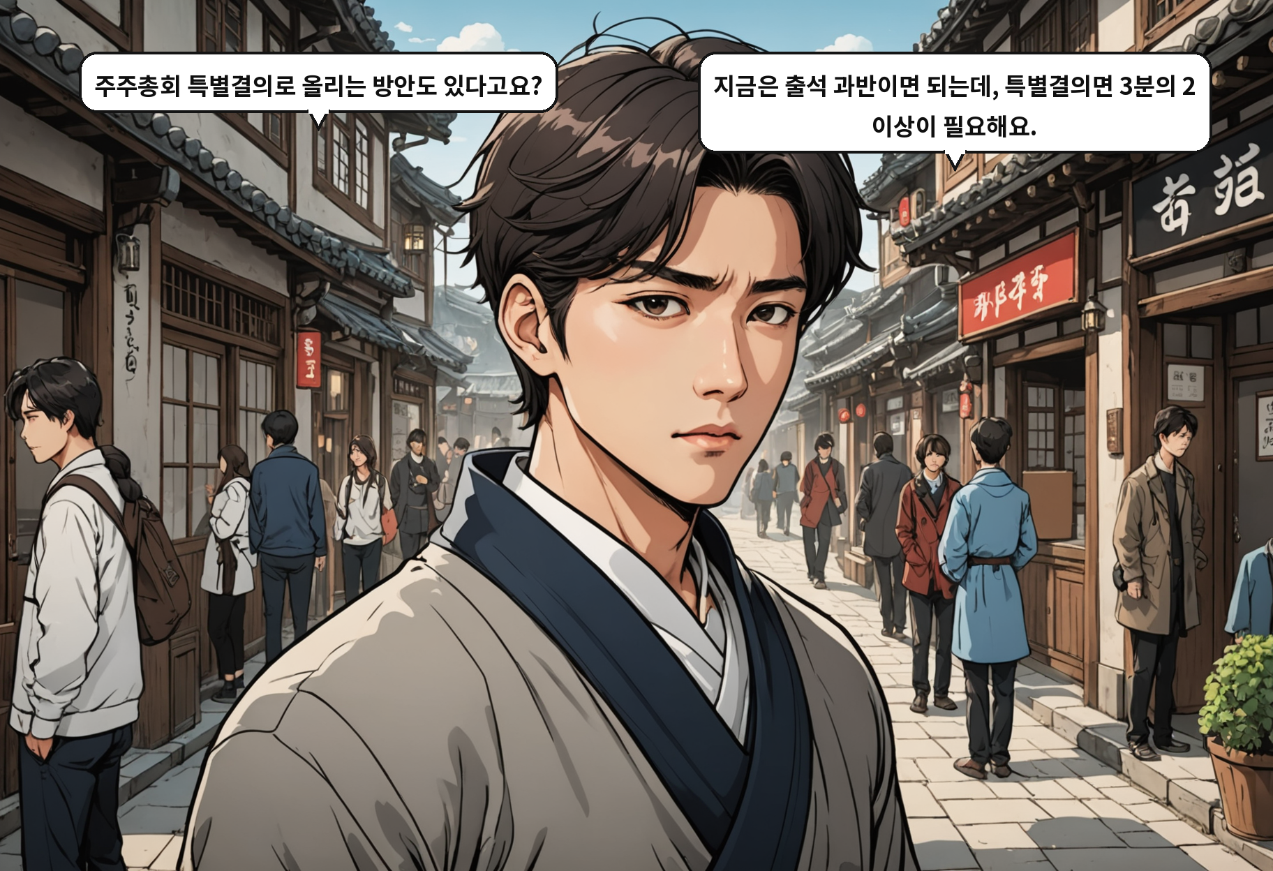 A: 주주총회 특별결의로 올리는 방안도 있다고요? B: 지금은 출석 과반이면 되는데, 특별결의면 3분의 2 이상이 필요해요.